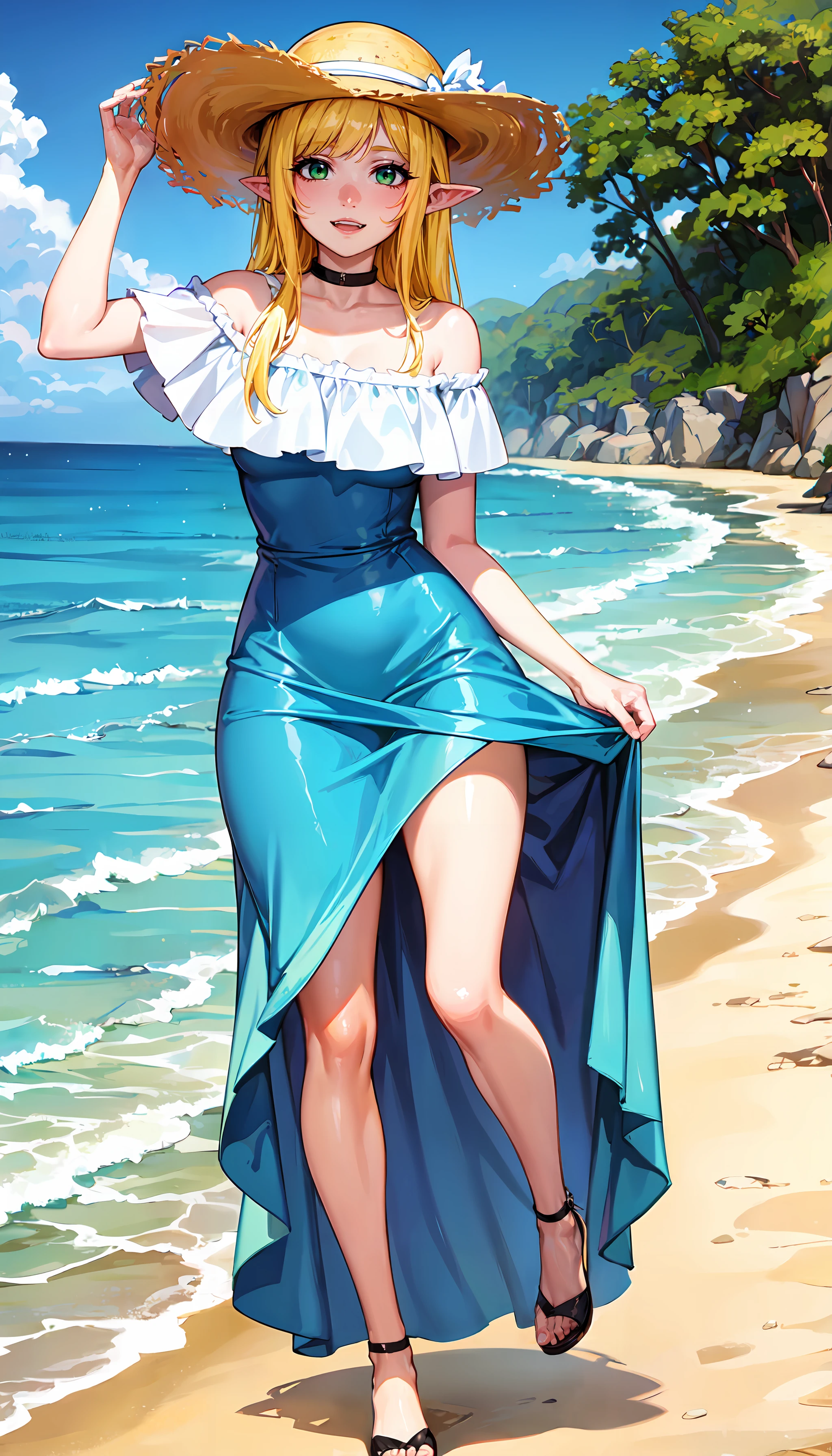 photorealistic, (4k), depth of field, (Masterpiece), (realistic skin texture), extremely detailed, intricate, hyper detailed, professional photography, bokeh, high resolution, sharp detail, best quality, girl, <lora:Efil-000004:0.7> , light blue dress, long dress, long hair, blonde hair, black choker, green eyes, straw hat, elf ears, bare shoulders,  leg lift,  <lora:GoodHands-vanilla:0.8> , <lora:detail_slider_v4:0.8> , walking on the beach, seaside, ocean, waves, sand, blue sky, walking in water,
