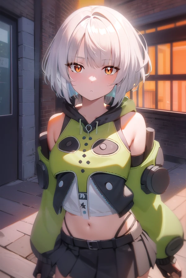 anbydemara, <lora:anby demara-lora-nochekaiser:1>,
anby demara, (orange eyes:1.5), short hair, white hair,
BREAK bare shoulders, black gloves, black skirt, black thighhighs, fingerless gloves, gloves, green jacket, headphones, jacket, navel, skirt, stomach, thighhighs,
BREAK outdoors, city, sky, clouds, sun, buildings, crowd, people, alley,
BREAK looking at viewer, (cowboy shot:1.5),
BREAK <lyco:GoodHands-beta2:1>, (masterpiece:1.2), best quality, high resolution, unity 8k wallpaper, (illustration:0.8), (beautiful detailed eyes:1.6), extremely detailed face, perfect lighting, extremely detailed CG, (perfect hands, perfect anatomy),