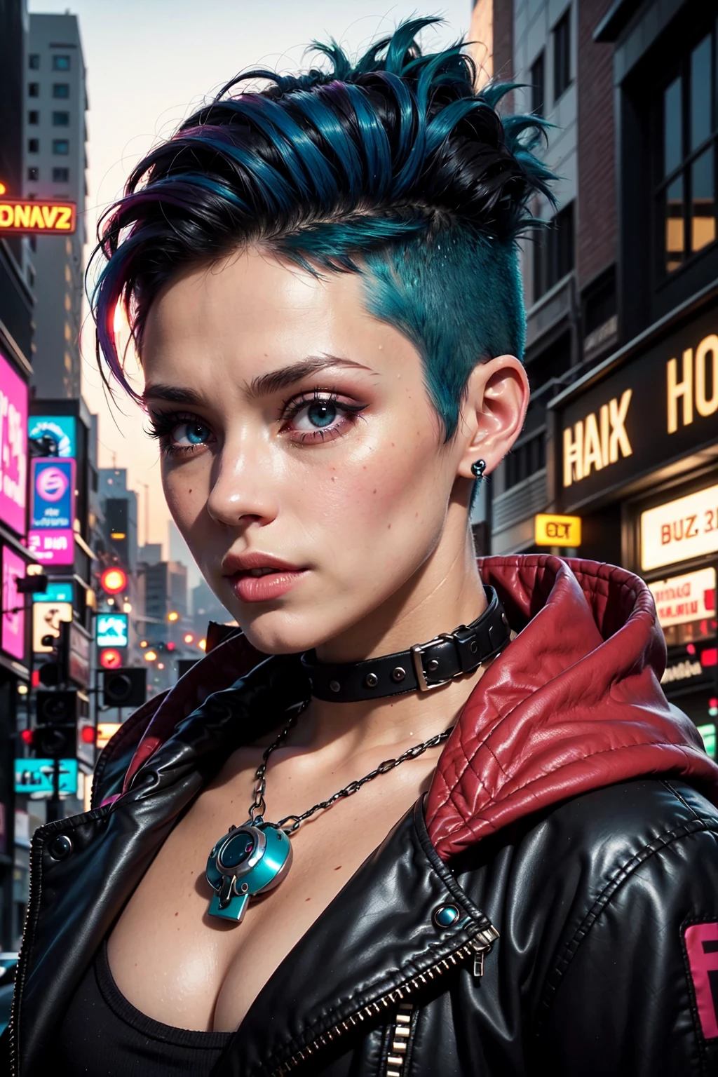 A girl with short multicolored pink teal and blue hair faux hawk style, red eyes, outdoors, cyberpunk city, she has shaved hair, mohawk style FemShortHair