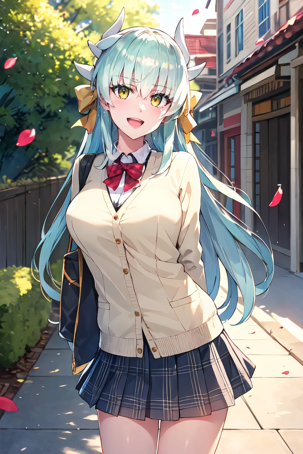 masterpiece, best quality, highres, aakiyo, long hair, aqua hair, white horns, hair bow, yellow bow, yellow eyes, <lora:kiyohime_(lancer)_v1:0.7>, cardigan, plaid skirt, arms behind back, smile, open mouth, petals, outdoors, big breasts <lora:ReDrop style-final:1>