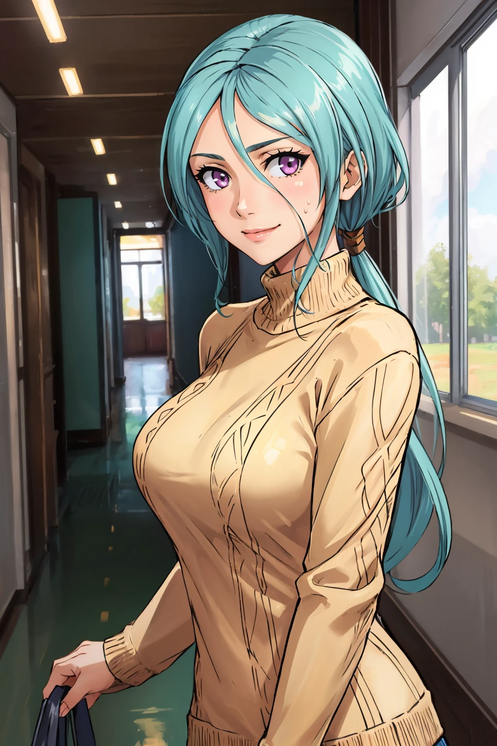 masterpiece, best quality, 1girl, solo <lora:ysfrieda-nvwls-v1-000009:0.9> ysFrieda, ponytail, yellow sweater, cable-knit sweater, black sweatpants, large breasts, hallway, looking at viewer, smile