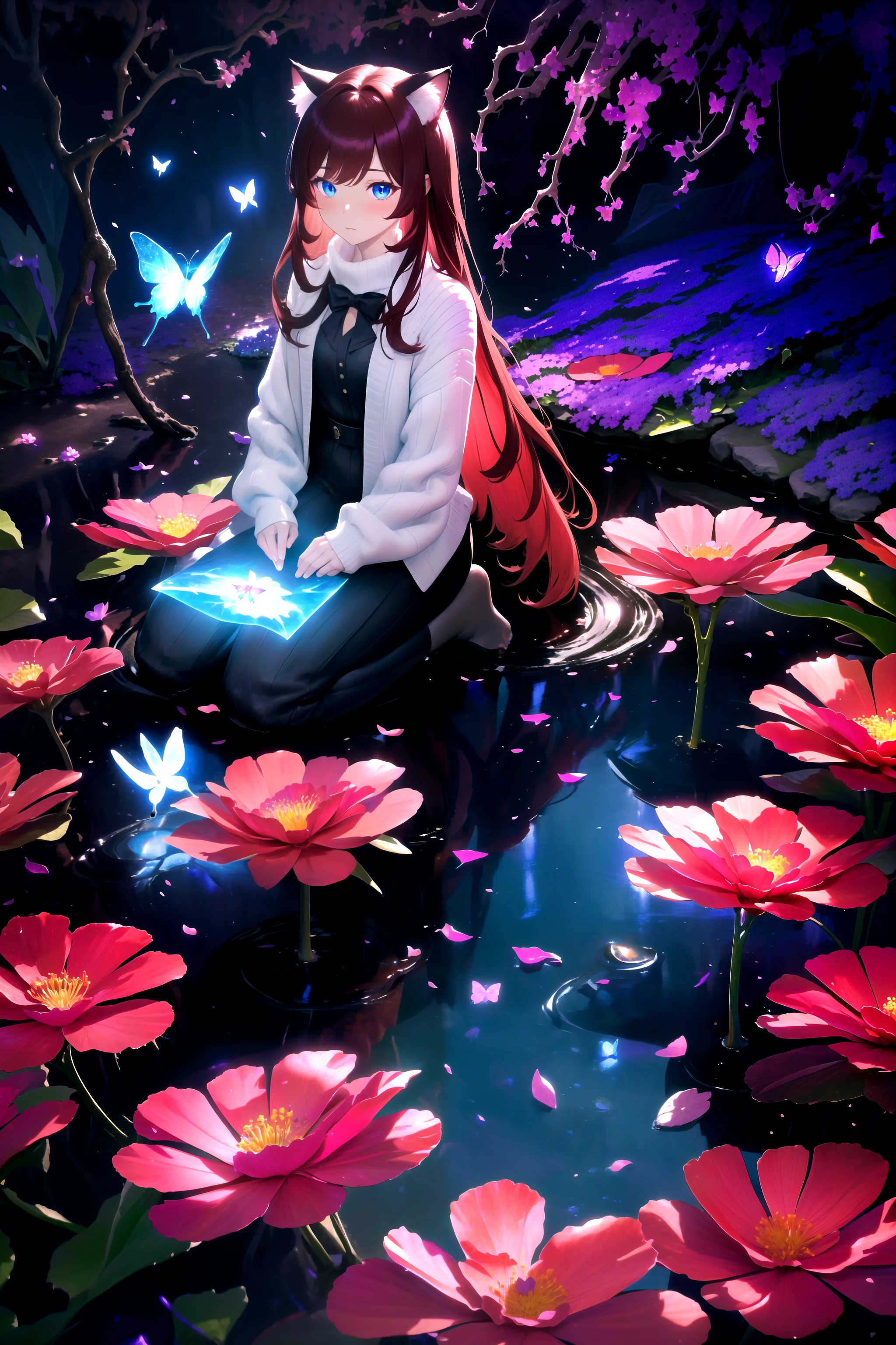 masterpiece, best quality, highres, 1girl, solo, abstract, pov, seiza,
BREAK
dark background, depth of field, rim lighting, flowers, petals,
crystals, cave, butterfly, vegetation, aura, magic,
BREAK
raifu, dark red hair, blue eyes, straight hair, cat ears, blush,
(medium breasts:0.8), mature female, white sweater,