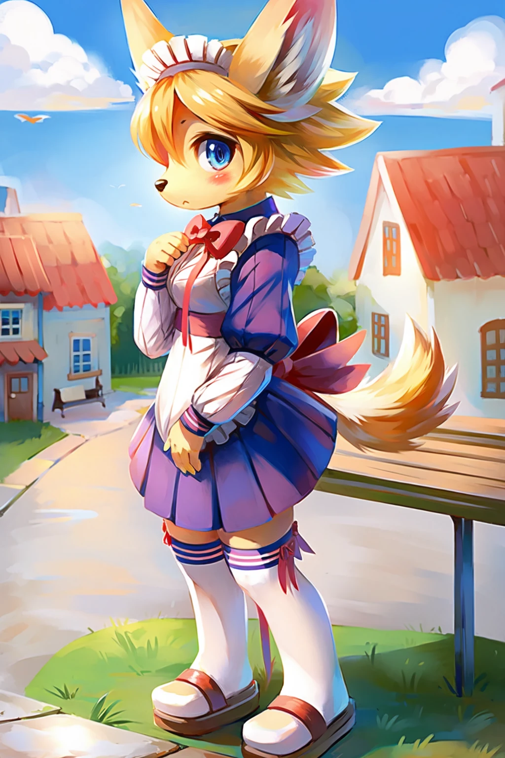 floSR, 1girl, solo, (detailed fur:1.2), (from side:1.3), looking at viewer, blush, standing, (hand on own chest:1.1), dog girl, furry female, :<, blue eyes, (detailed eyes:1.2), animal ears, full body, medium breasts, animal nose, tail, blonde hair, short hair, maid, maid headdress, (maid apron:1.1), thighhighs, leg ribbon, zettai ryouiki, sandals, frills, red bow, ribbon, puffy sleeves, detailed background, town, blue sky, cloud, birds, bench, building, 8k, hdr <lora:floSR:.9>