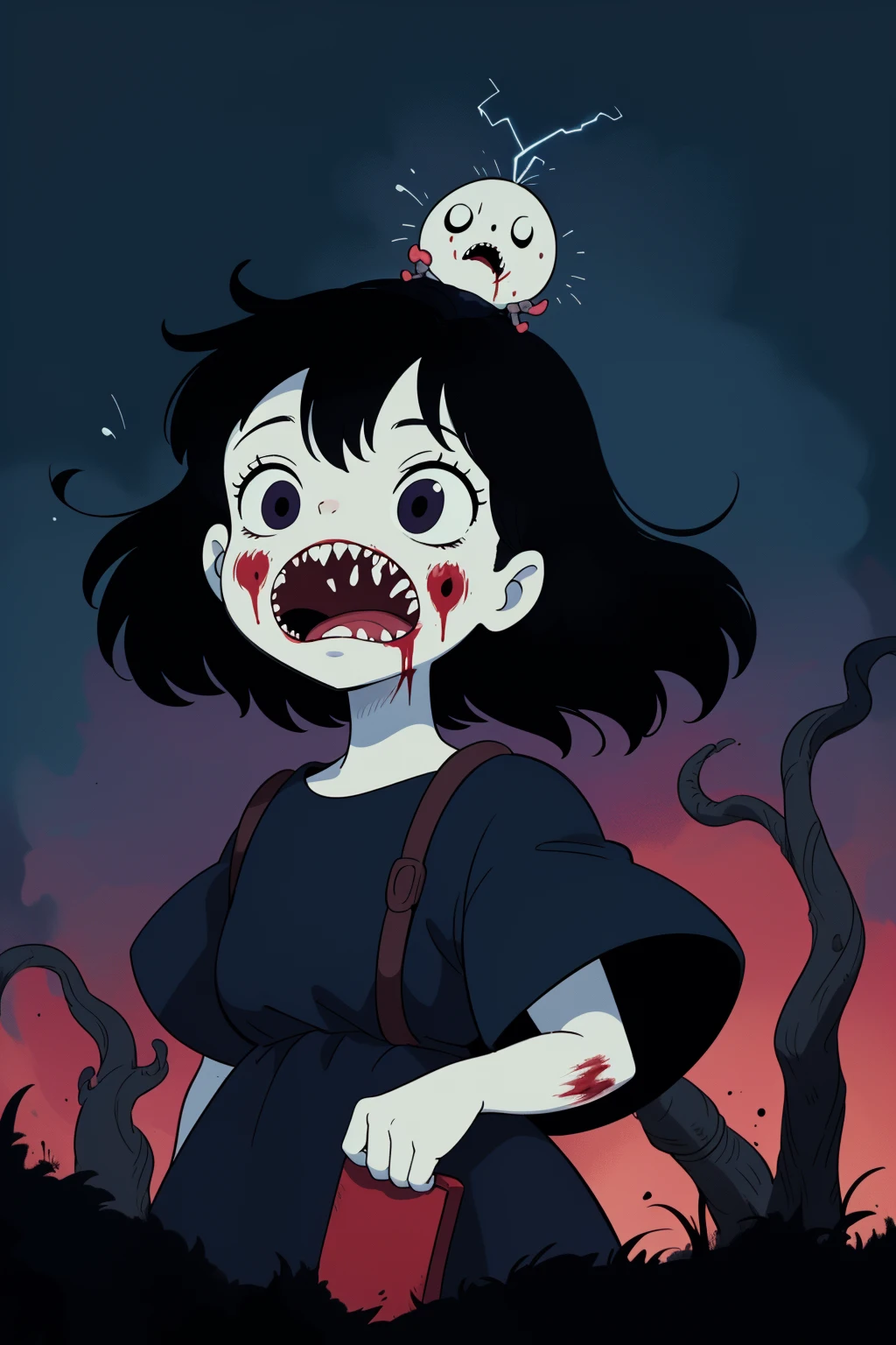 ((sticker design, electric color background)), lady, french twist, (girl portrait:1.2), Sundress , (masterpiece, best quality:1.6), kikis delivery service, at Nighttime, Megalith, ð, Fantastical, (horror style:1.4), blood,