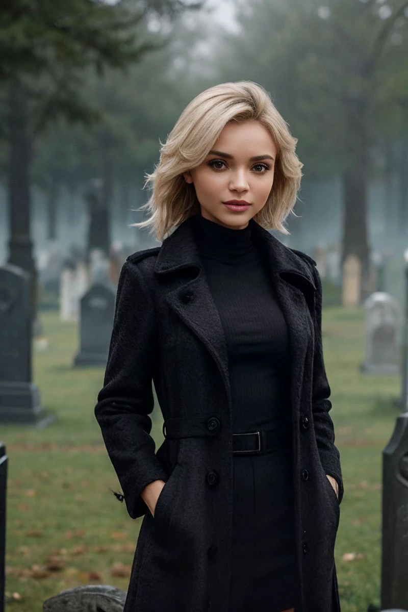 photo of S279_SanaLantana,a stunning woman,on a (misty-graveyard:1.1),wearing a (black-coat:1.1),(4k, RAW photo, best quality, depth of field, ultra high res:1.1),(absurdres, intricate, photorealistic, masterpiece, ultra-detailed:1.1),