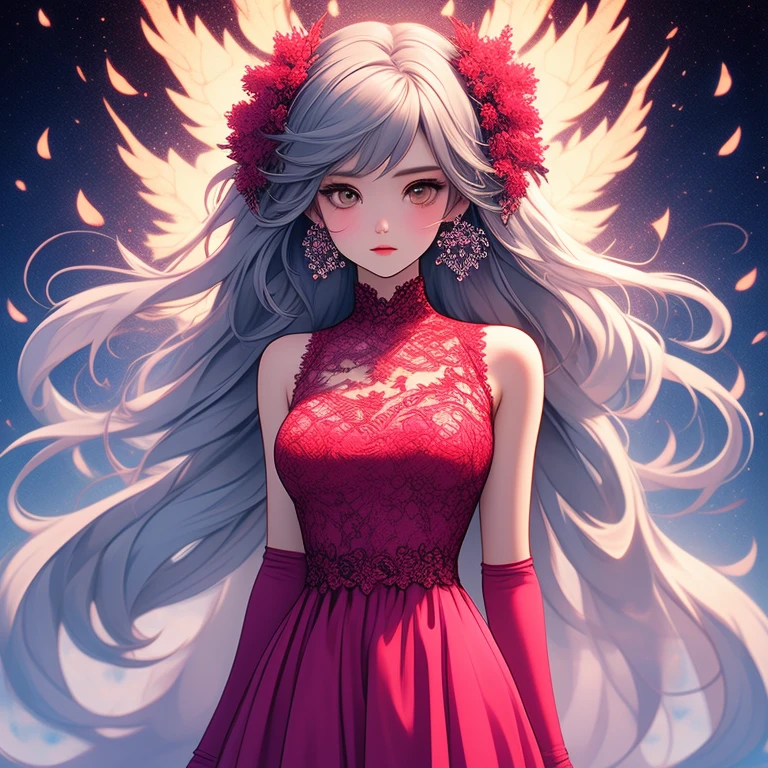 (masterpiece),illustration, best quality, best refined rendering, extremely detailed, CG unity 8k wallpaper, sharp and clean edges, less noise, drawing as detailed and clear as possible, vivid and bright and colorful picture, extremely detailed fabric and clothes texture,1girl, solo,medium breasts, blush face, expressionlesswhite color and sleeveless and lace trimmed and fine fabric emphasis strapless dress, beside the water,white plum blossoms blooming and dancing in the sky, beside the river,long and silver and floating hair with white lace-trimmed hair ribbon, two side up,silver crystal earrings,(white color and lace trimmed elbow gloves:1.3),[purple|red|blue] color and jewel-like eyes, exquisite and detail-rich eyes, red eyeshadow,looking at the viewer, skirt lift,