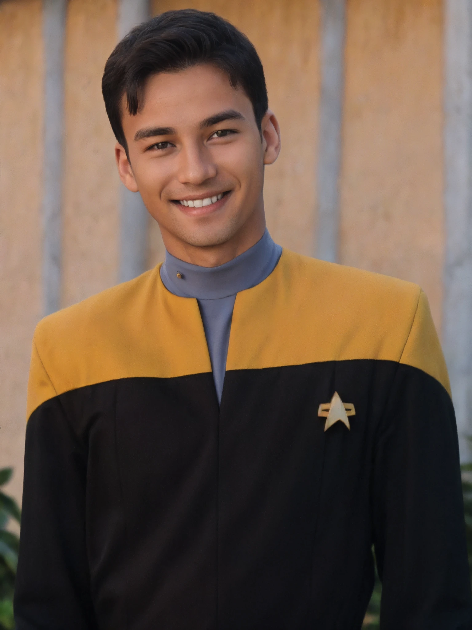 young handsome man in voyunf gold and black uniform,smiling,in a village<lora:Voy6batchDebiasGold:0.8>