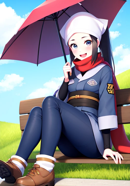 <lora:akari:0.7>, akari, 1girl, long hair, looking at viewer, ponytail, blush, smile, open mouth, skirt, black hair, sitting, jacket, :d, pantyhose, sidelocks, outdoors, day, tongue, socks, hand up, scarf, grey eyes, sash, eyelashes, white headwear, umbrella, grass, red scarf, poke ball, grey jacket, logo, bench, head scarf, loose socks, galaxy expedition team survey corps uniform
