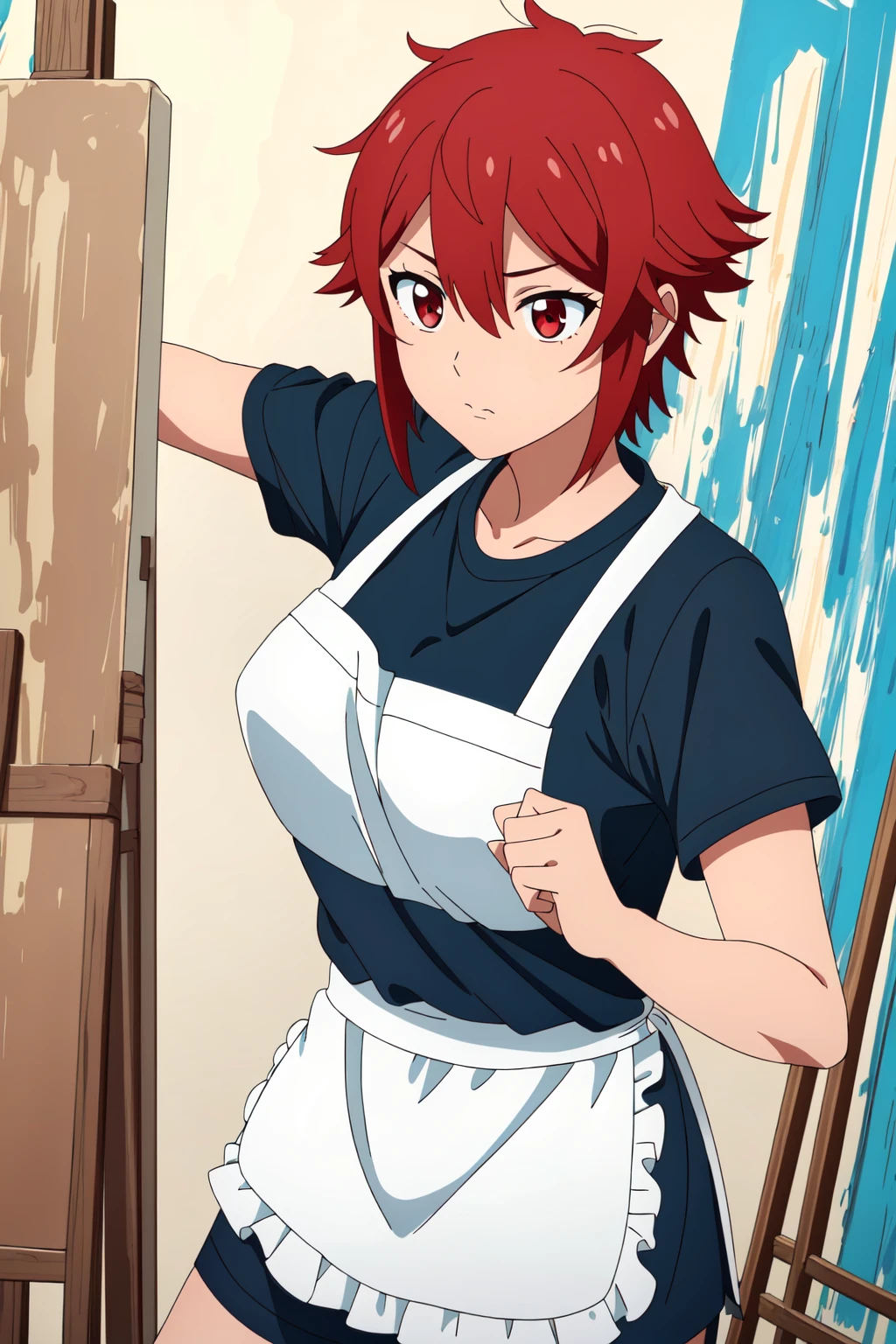 ((best quality)),((highly detailed)),masterpiece,absurdres,detailed face,beautiful face,(detailed eyes, deep eyes),1girl,((dynamic pose)), <lora:TomoV1:0.6>, Tomo, red hair, red eyes, short hair, hair between eyes, bangs, breasts, large breasts, painting scene, artistic studio setting,black t-shirt, shorts, apron, blue paint on face, canvas on an easel, colorful palette, focused brushstrokes, creative ambiance, inspired expression, detailed outfit, vibrant colors, artistic flair, capturing the essence of creation