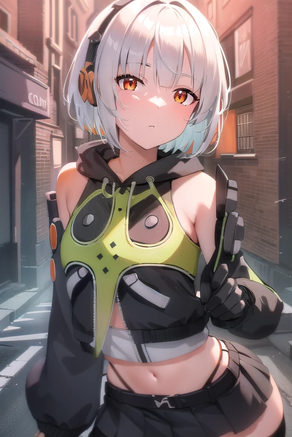 anbydemara, <lora:anby demara-lora-nochekaiser:1>,
anby demara, (orange eyes:1.5), short hair, white hair,
BREAK bare shoulders, black gloves, black skirt, black thighhighs, fingerless gloves, gloves, green jacket, headphones, jacket, navel, skirt, stomach, thighhighs,
BREAK outdoors, city, sky, clouds, sun, buildings, crowd, people, alley,
BREAK looking at viewer, (cowboy shot:1.5),
BREAK <lyco:GoodHands-beta2:1>, (masterpiece:1.2), best quality, high resolution, unity 8k wallpaper, (illustration:0.8), (beautiful detailed eyes:1.6), extremely detailed face, perfect lighting, extremely detailed CG, (perfect hands, perfect anatomy),