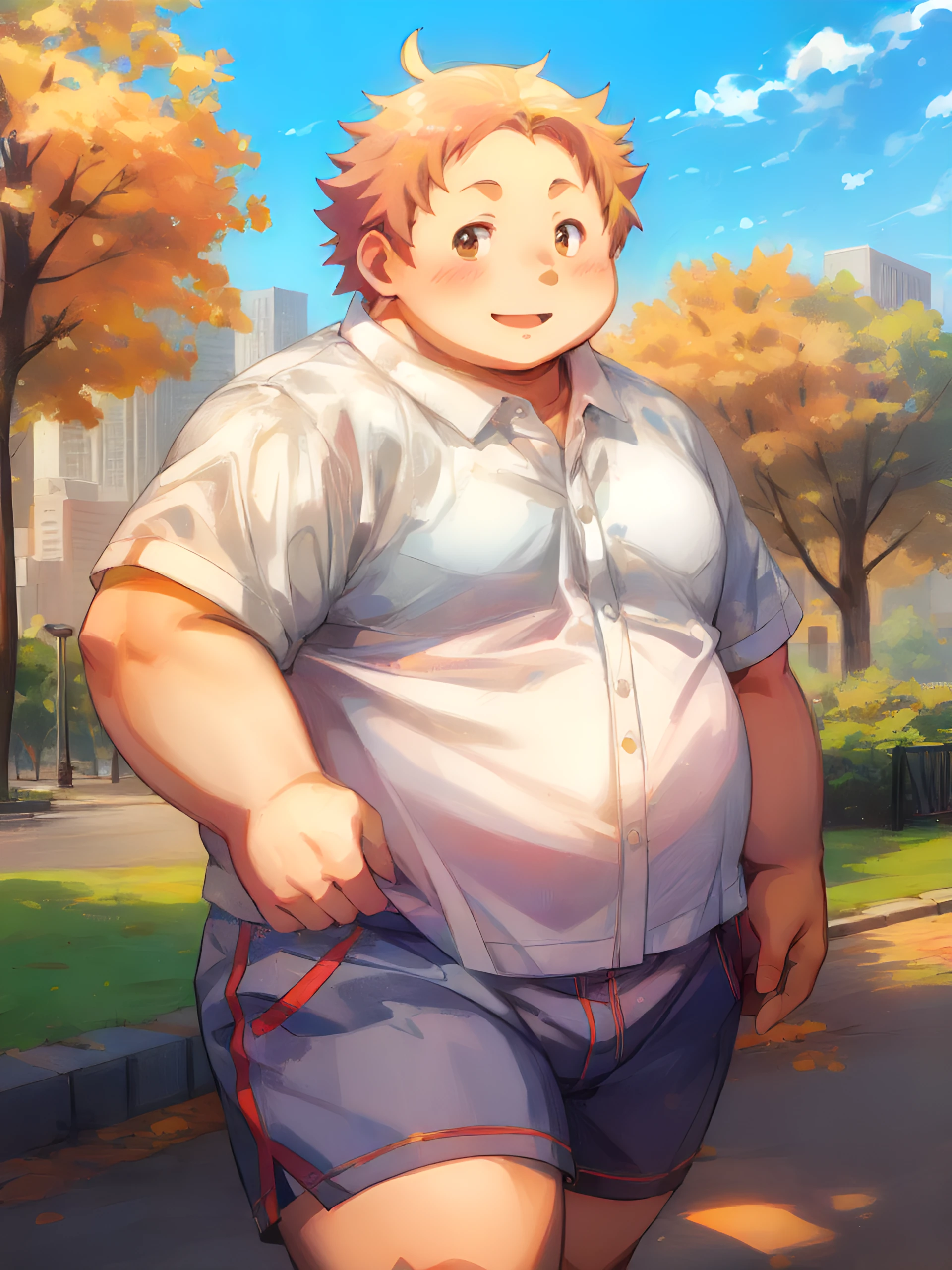 ch0ji housamo,chubby,1boy,solo, walking on park, city background, detailed face, detailed eyes, wearing shirt, wearing shorts, masterpiece, looking at viewer, cute, blush, sunny day, smiles, closed mouth, cinematic shot,human,oil painting,