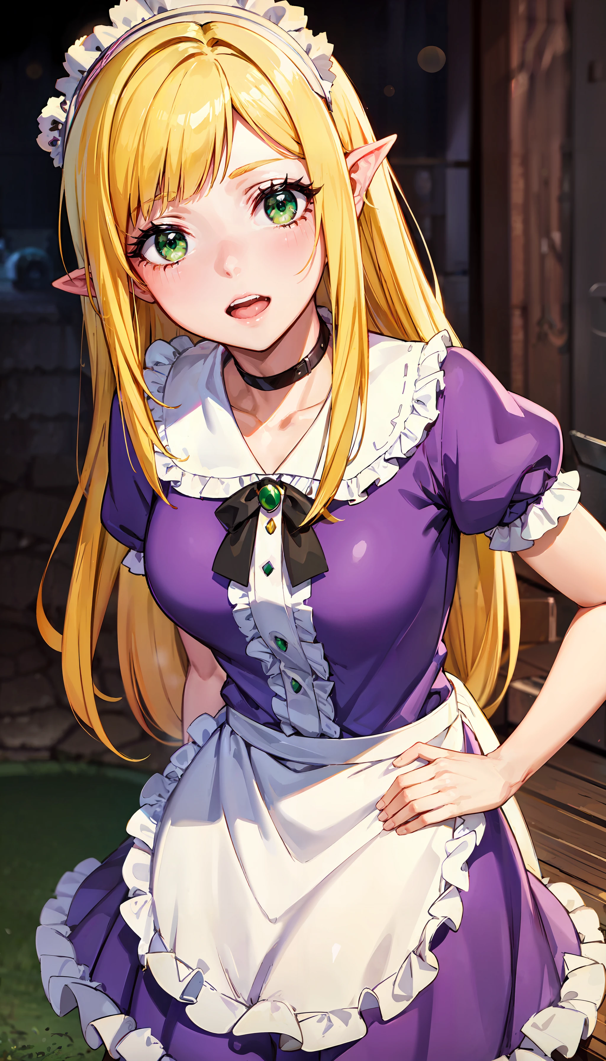 photorealistic, (4k), depth of field, (Masterpiece), (realistic skin texture), extremely detailed, intricate, hyper detailed, professional photography, bokeh, high resolution, sharp detail, best quality, girl, <lora:Efil-000004:0.7> , purple dress, frills, long hair, blonde hair, black choker, green eyes, headdress, elf ears, apron, white thighhighs, beckoning, <lora:GoodHands-vanilla:0.8> , <lora:detail_slider_v4:0.8> ,