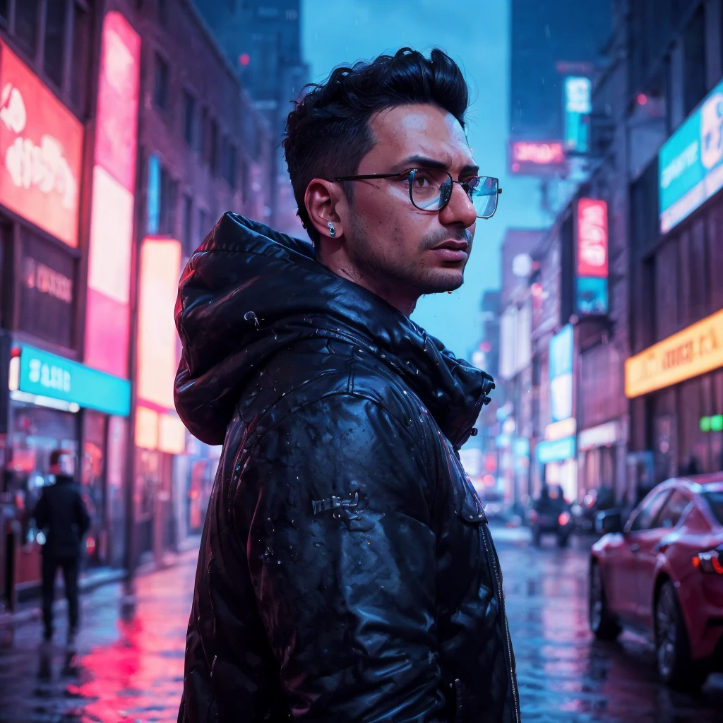 Zizan, a man, cyberpunk city hacker :: neon graffiti, augmented reality black frame glasses, hooded cloak :: rainy night :: Epic cinematic brilliant stunning intricate detailed matte painting, deep color, fantastical, intricate detail, splash screen, complementary colors, fantasy concept art, 8k resolution trending on Artstation, Unreal Engine 5