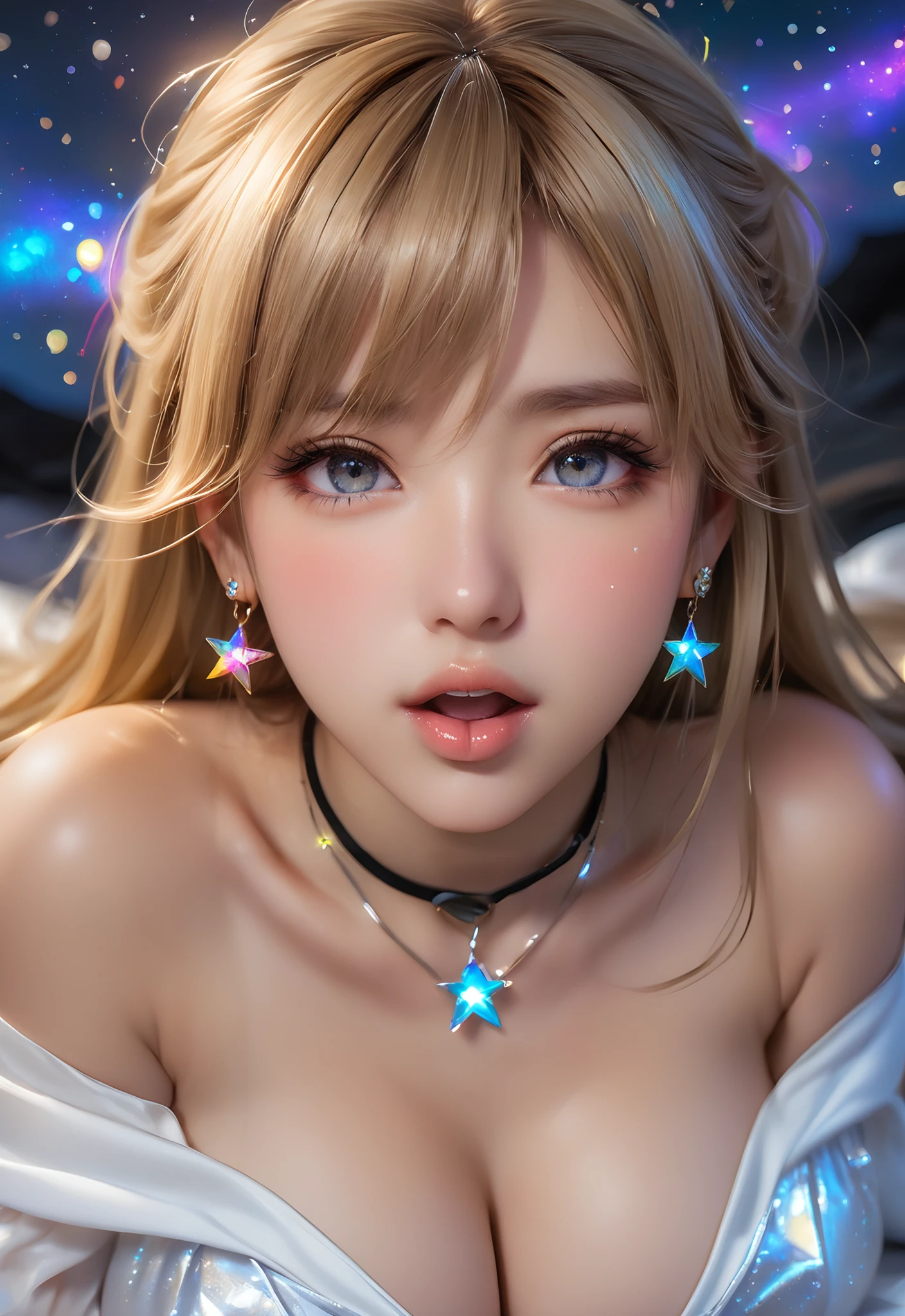 A anime boy wiclose - up eyes, sparkling eyes, close - up, two eyes looking forward, long eyelashes, bangs, surrounded by many colorful stars, brilliant colors, meteors, MilkyWay, colorful star clusters, close - up shots, oil painting style, very obvious oil painting minimalist palette style, 32k uhd, beautiful booru, old era, color manga, i want the whole image to be created in 3D anime style, 1girl, solo, long hair, breasts, looking at viewer, bangs, blue eyes, blonde hair, large breasts, dress, cleavage, bare shoulders, jewelry, closed mouth, upper body, hairband, necklace, white dress, blurry, lips, blurry background, hair intakes, armlet, realistic, nose, open mouth, multiple girls, brown hair, black hair, 2girls, jewelry, closed eyes, earrings, teeth, pussy, solo focus, tongue, spread legs, tongue out, yuri, pubic hair, uncensored, female pubic hair, oral, close-up, forehead, hoop earrings, realistic, clitoris, cunnilingus
