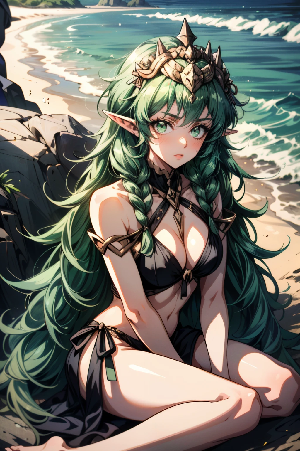 fantasy, green bikini armor, long dark hair, feral, flat, dark-skinned, cheerful, happy