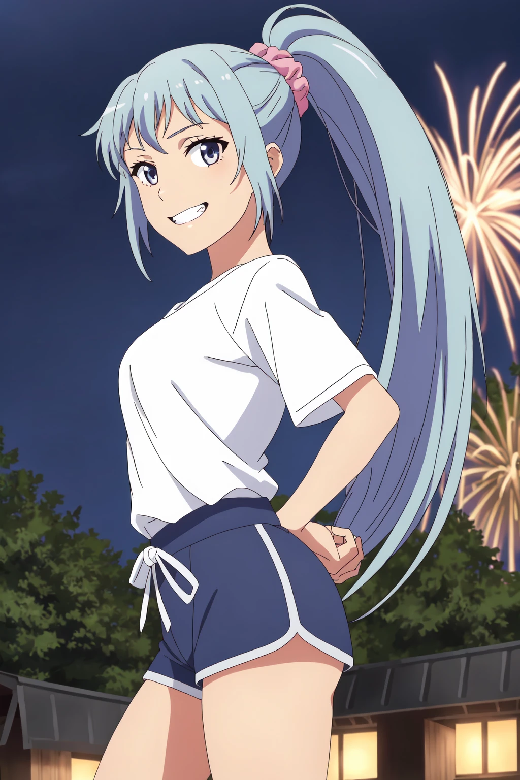 ((best quality)),((highly detailed)),masterpiece,absurdres,detailed face,beautiful face,(detailed eyes, deep eyes),(1girl),((dynamic pose)), 1girl, solo, <lora:SakiV1.4:0.6>,saki, ponytail, long hair, blue hair, purple eyes, grey eyes, pink scrunchie, dolphin shorts, t shirt, looking at viewer, solo, standing,arms behind back, smile showing teeth, outdoors, night, fireworks background, leaning forward, cowboy shot,<lora:dolphin_shorts_v0.1:0.9>