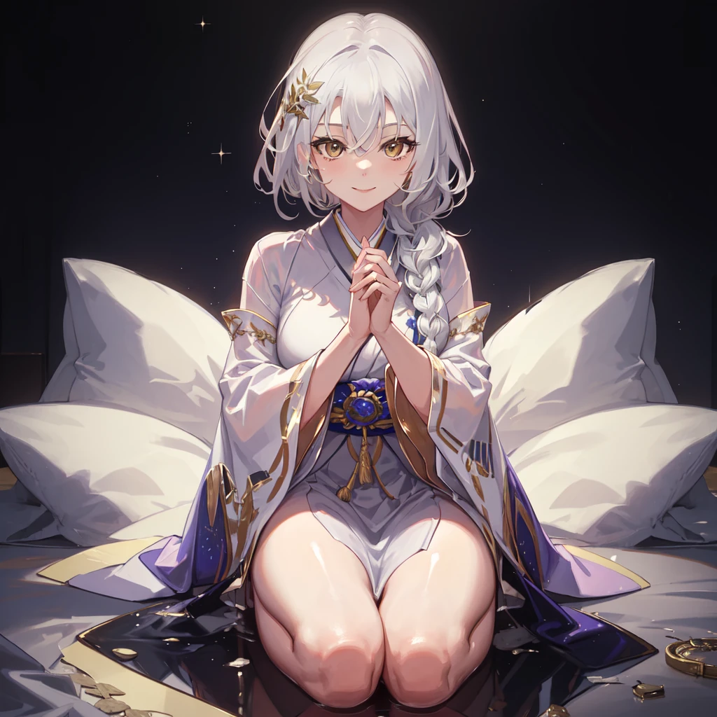 masterpiece, best quality,1girl,solo,EOS, japanese clothes, braid, white hair, seiza, light smile, hand between legs,