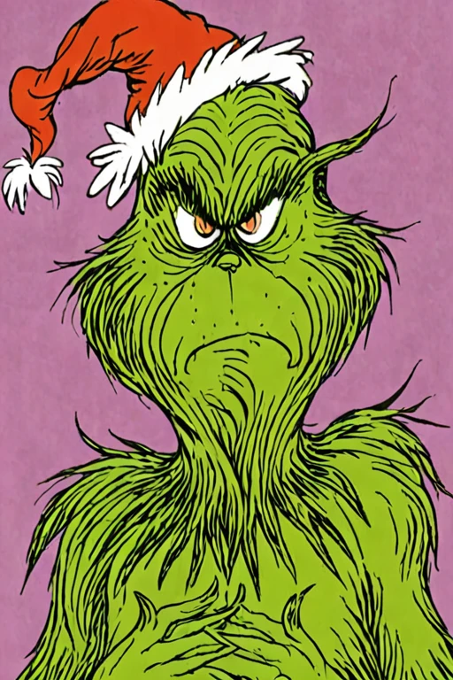 a children's book illustration of the Grinch  by Dr. Seuss <lora:Dr._Seuss_Style_XL>