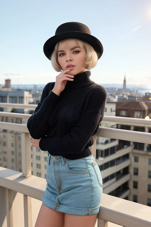 SopH4rTTXV1D,
a woman in a black-colored bowler hat and sweater is holding her hands to her face while standing on a balcony with a railing,
(flawless skin), (model pose), (professional photo shooting), (high buget photo), promotional image,
(natural light), (high quality photography), (intricate details), (8k), (HDR), (sharp focus),