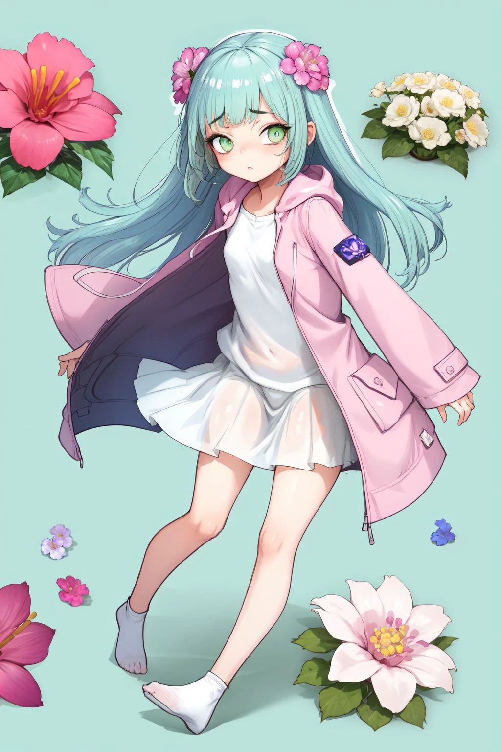 full body, solo, 1girl, contempt, blue hair, short bangs, light green eyes, pink coat, Phlox \(flower\), floral background <lora:kanimura_ebio_style_v01:1>