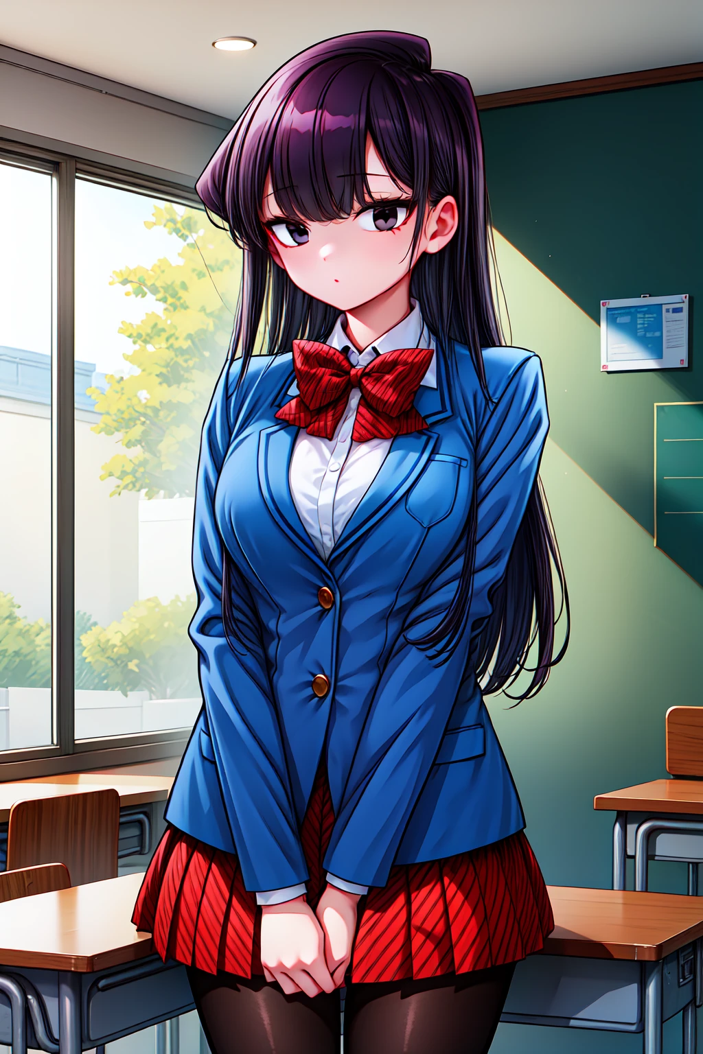 1girl, cowboy shot, standing, classroom, 
komi_shouko, black eyes, black hair, long hair, bangs, bowtie, school uniform, blue jacket, blazer, white shirt, striped, red skirt, black pantyhose, <lora:komi_shouko_lora_ver2:0.7>, best quality, masterpiece, highres, <lora:GoodHands-vanilla:1>