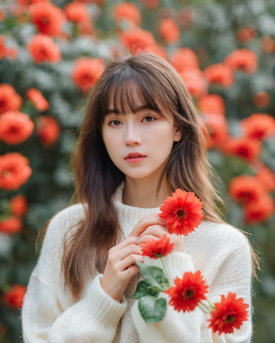 (best quality:1.4), (ultra highres:1.2), (photorealistic:1.4), (8k, RAW photo:1.2),(portrait shot:1.3), _jbright__, 1girl, solo,long hair,bangs,brown hair,white shirt, sweater,outdoors,realistic,blurry background,Perfect Hands, red flower, <lora:_jbright__-000045:0.2>, <lora:neg4all_bdsqlsz_xl_V7:0.8>, <lora:Perfect Hands:0.8>