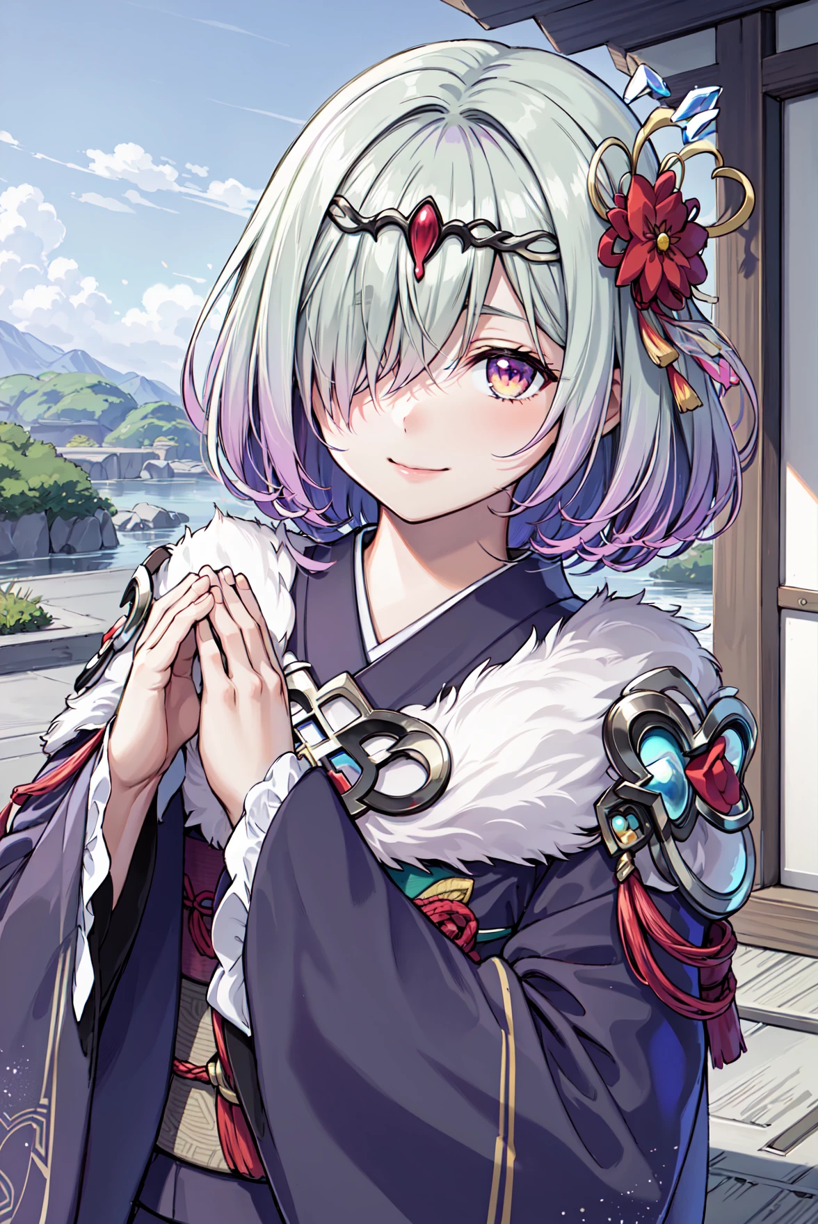 upper body,own hands together, smile,<lora:kvasirV1:0.9>,new_kvasir, hair over one eye,japanese clothes, purple kimono, looking at viewer, obi, flower, gradient clothes, sash, wide sleeves, multicolored clothes,black zouri, fur trim,shrine,sun,outdoors,(masterpiece, best quality, ultra-detailed, best shadow)