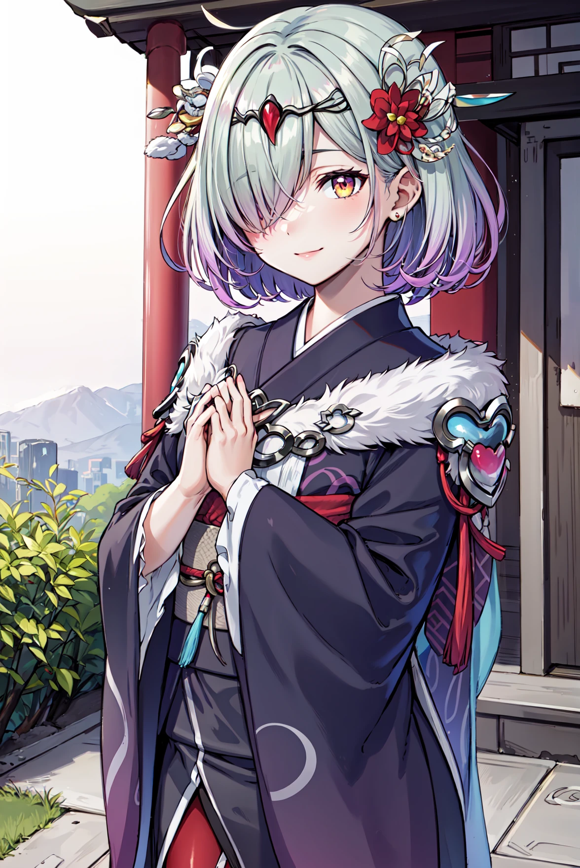 upper body,own hands together, smile,<lora:kvasirV1:0.9>,new_kvasir, hair over one eye,japanese clothes, purple kimono, looking at viewer, obi, flower, gradient clothes, sash, wide sleeves, multicolored clothes,black zouri, fur trim,shrine,red pantyhose,sun,outdoors,(masterpiece, best quality, ultra-detailed, best shadow)