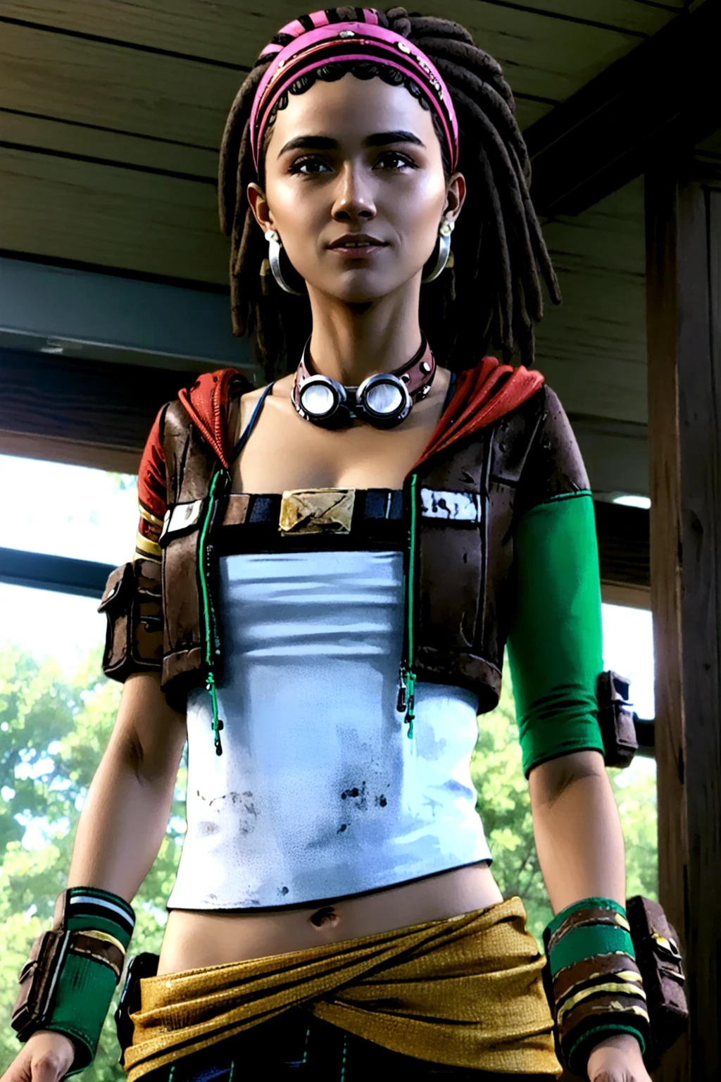 ((best quality)), ((masterpiece)), (detailed), <lora:SashaTFTB:0.8> sashatftb, headband, green eyes, dark skin, 1girl, solo, jewelry, earrings, dark-skinned female, brown hair, dreadlocks, hairband, pastoutfit, goggles around neck, midriff, navel, crop top, looking at viewer
