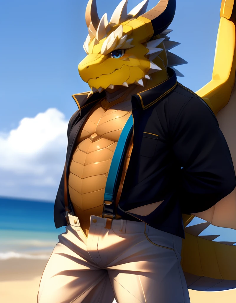 (((detailed eyes, detailed face))), (furry, old ophion <lora:character_ophion_findigo_v3:0.9>, dark skin, brown chest, brown belly, dragon horns, tusk, spikes, wings), male, (plump:1.4), (white pants, open pants, unbuttoned, suspenders, black jacket, open jacket), standing, (arms behind back), smile BREAK (konzaburou, ukan_muri, cute), beach, (flat shading, flat color, high brightness), 8k, UHD, masterpiece, (full body)