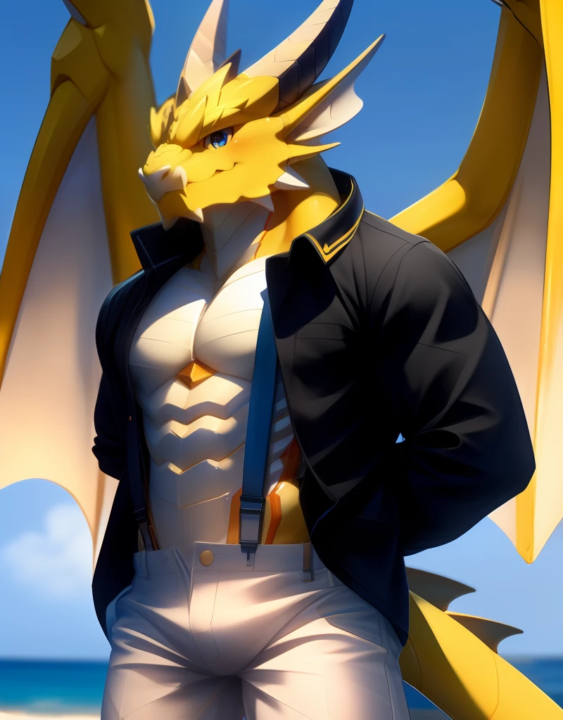 (((detailed eyes, detailed face))), (furry, young ophion <lora:character_ophion_findigo_v3:0.9>, yellow skin, dragon horns, tusk, spikes, wings), male, (plump:1.4), (white pants, open pants, unbuttoned, suspenders, black jacket, open jacket), standing, (arms behind back), smile BREAK (konzaburou, ukan_muri, cute), beach, (flat shading, flat color, high brightness), 8k, UHD, masterpiece, (full body)
