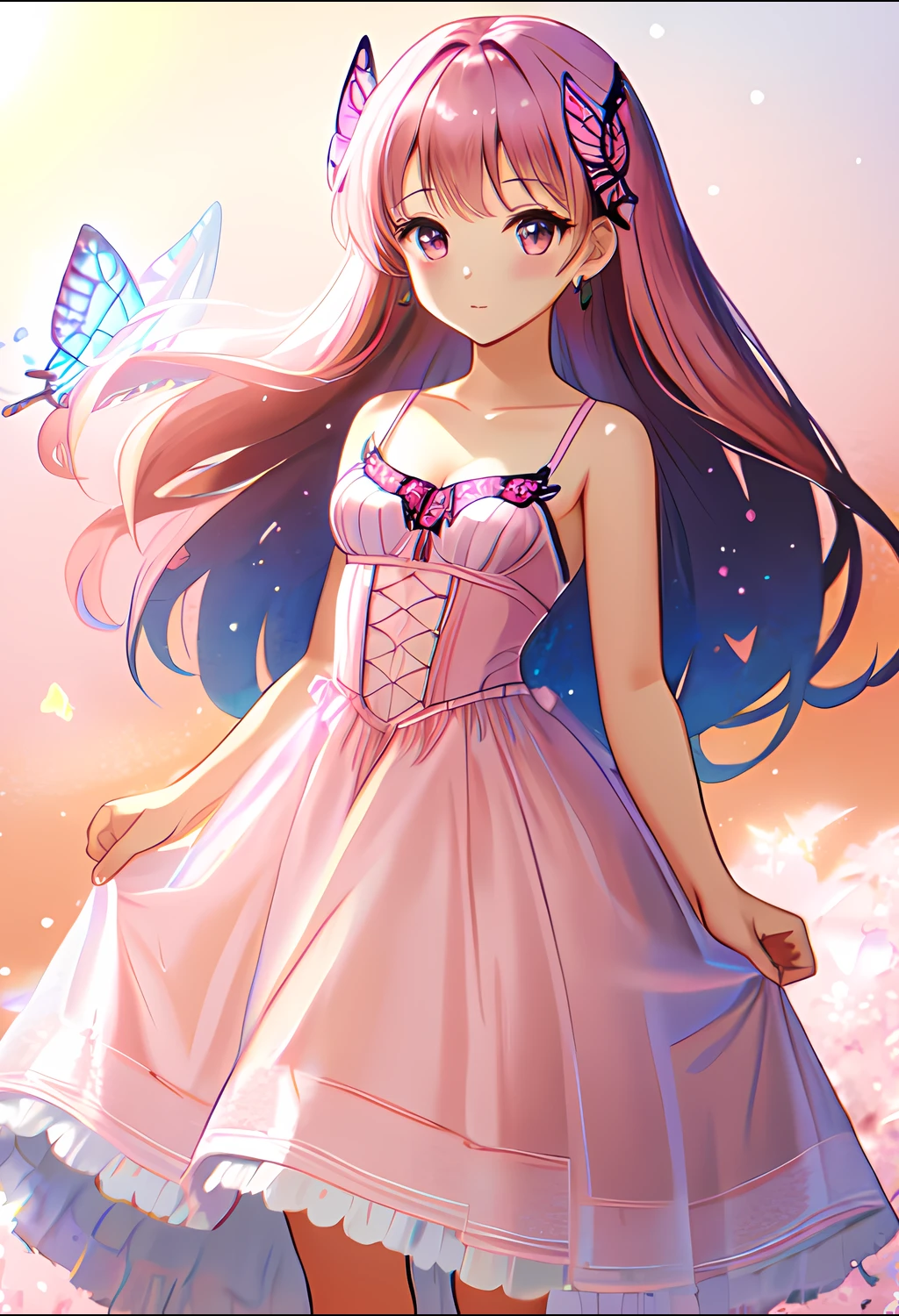 solo, girl, looking at viewer, half body, view from knees up, standing, standing straight, girl in full view, best quality, masterpiece, close up, small breasts, pink hair, butterfly, corset, dress, long dress, hands behind back, hands hidden, <lora:Butterfly_clothing:2>