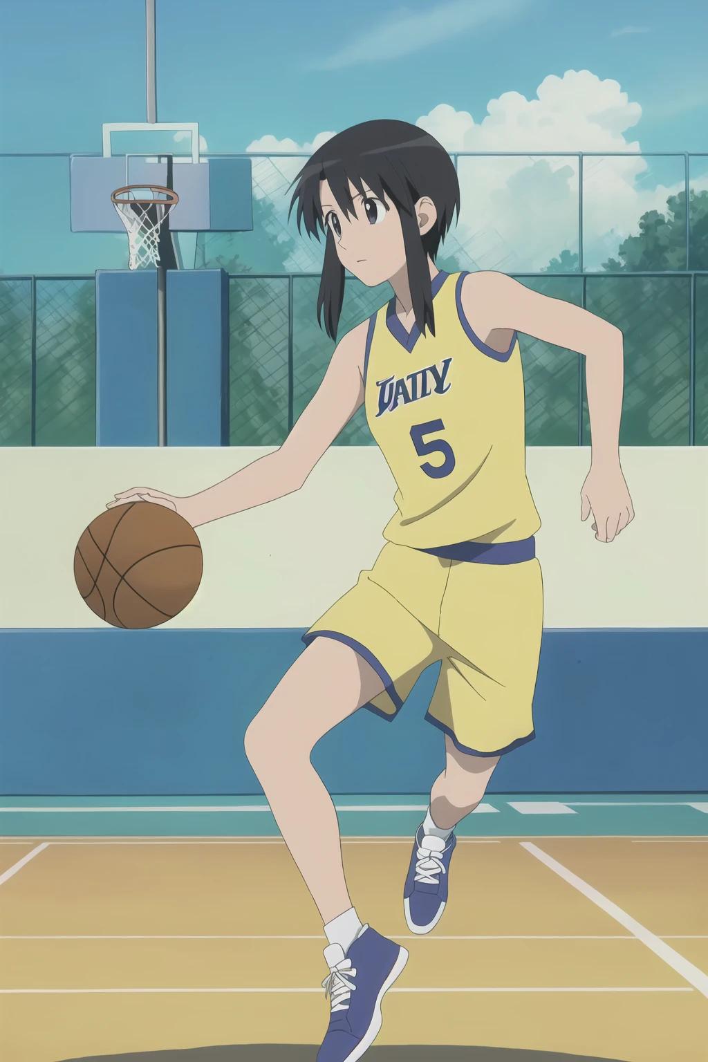 ((best quality)),((highly detailed)),masterpiece,absurdres,detailed face,beautiful face,(detailed eyes, deep eyes),(1girl),((dynamic pose)), <lora:MinamoV1:0.6>, Minamo, solo, 1girl, black hair, black eyes, sidelocks, short hair, basketball, short hair with long locks, medium breast, (basketball attire), (basketball:1.3), (sneakers:1.2), (dribbling), (outdoor court), (action shot), (enthusiastic expression), (jump shot), (athletic build), (competitive atmosphere), (vibrant surroundings)