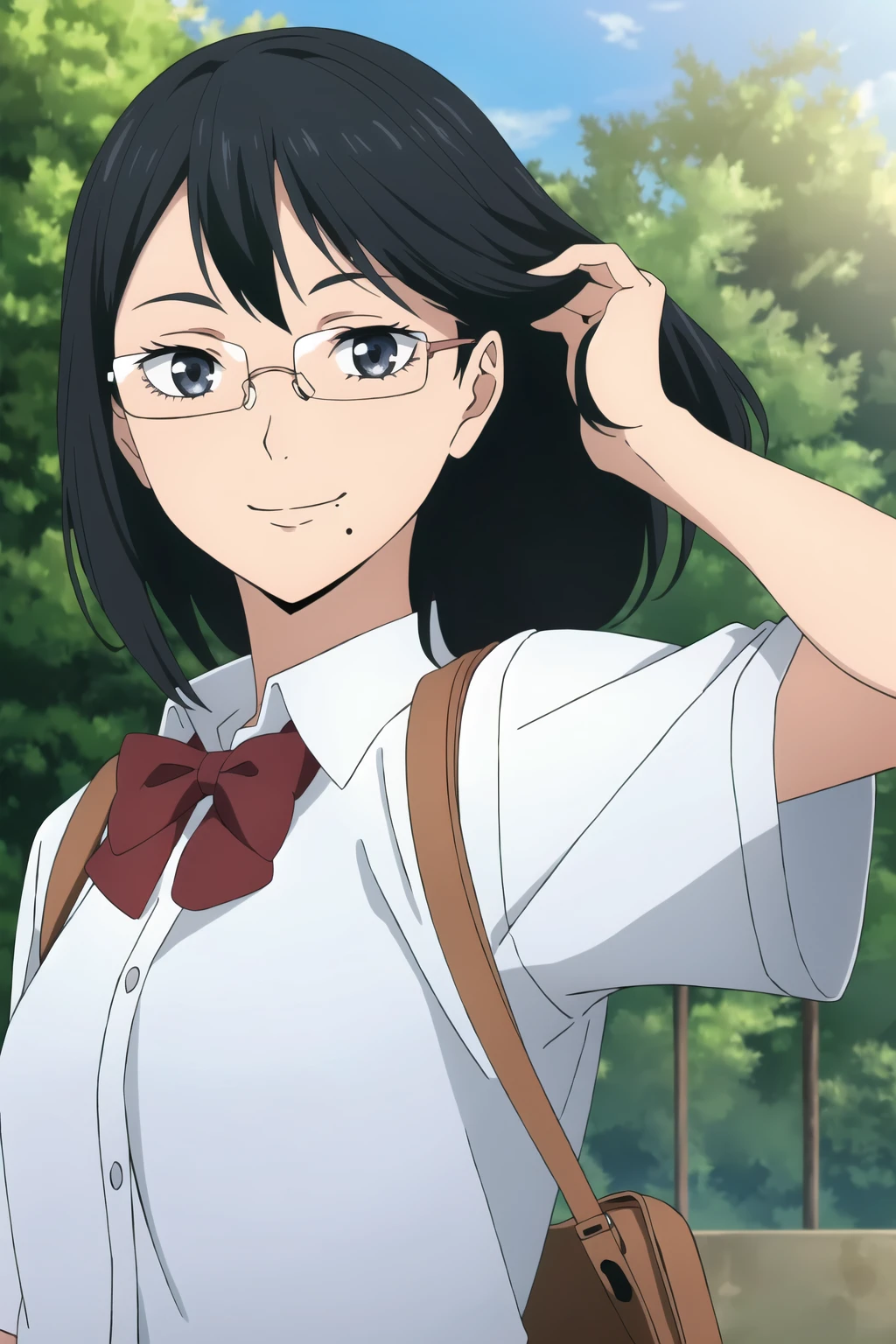 ((best quality)),((highly detailed)),masterpiece,absurdres,detailed face,beautiful face,(detailed eyes, deep eyes),(1girl),((dynamic pose)), <lora:KiyokoV1:0.6>,Kiyoko, 1girl, black hair, glasses, solo, grey eyes, mole, bag, mole under mouth, upper body, looking at viewer, long hair, mole under eye, outdoors, blurry, short hair, rimless eyewear, school uniform, closed mouth, smile, fixing hair, adjusting hair,