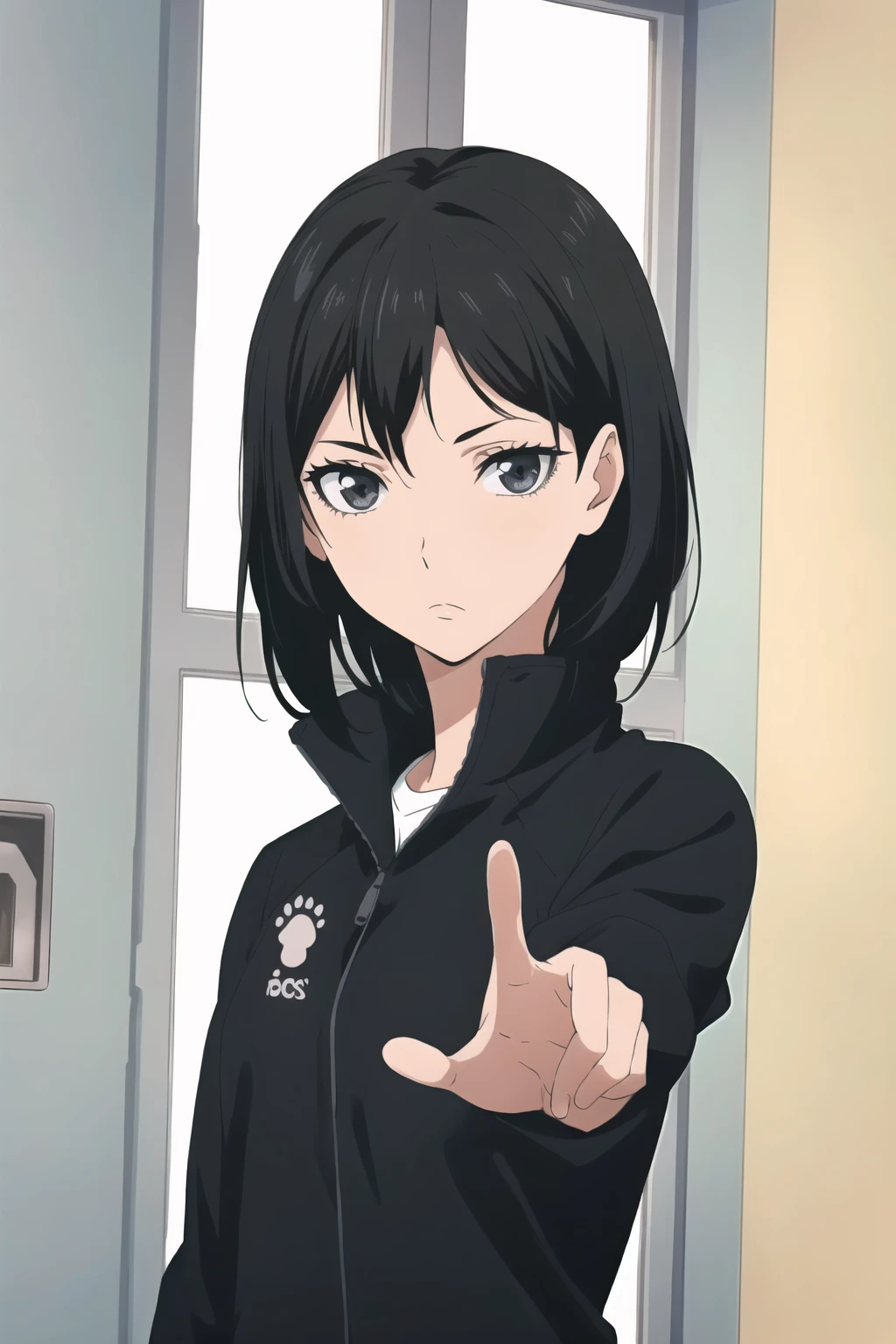 ((best quality)),((highly detailed)),masterpiece,absurdres,detailed face,beautiful face,(detailed eyes, deep eyes),(1girl),((dynamic pose)), <lora:KiyokoV1:0.6>,Kiyoko, 1girl, solo, black hair, grey eyes, jacket, short hair, upper body, mole under mouth, mole, shirt, indoors, frown, expressionless, looking at viewer, paw print, white shirt, closed mouth, bangs, black jacket, track jacket, medium hair