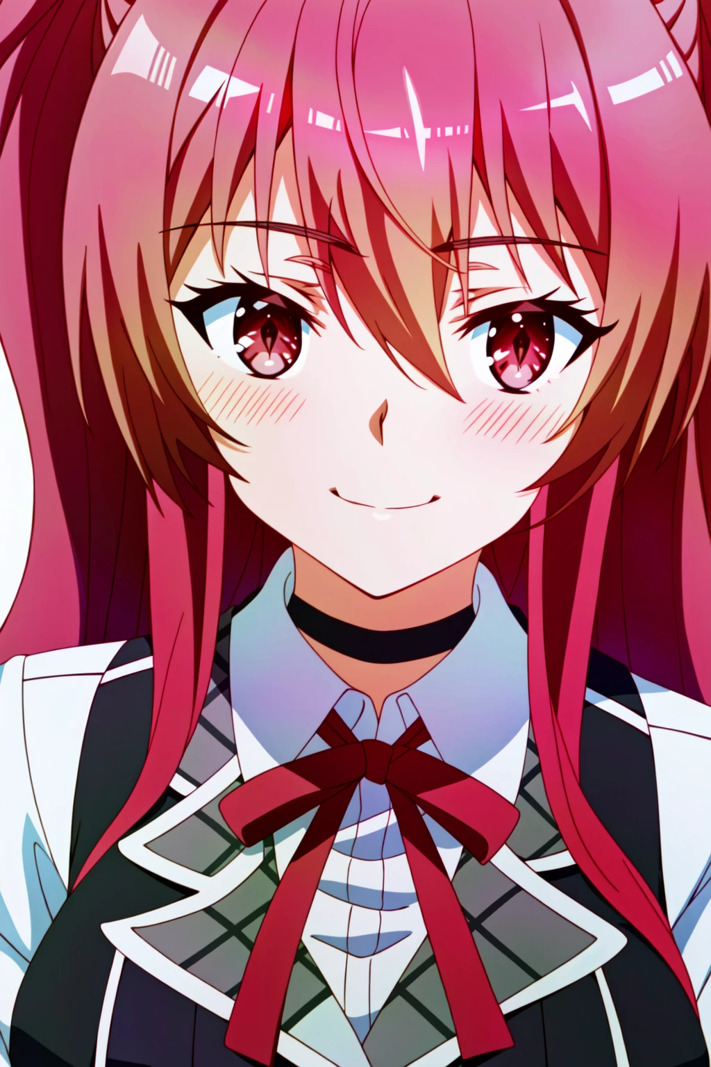 (anime coloring),(masterpiece),(best quality),(ultra-detailed),(best illustration),(best shadow),(absurdres),(detailed background), <lora:OGT_Stella_Vermillion-v2:0.7> Stella Vermillion, 1girl, red hair, solo, smile, red eyes, two side up, blush, choker, looking at viewer, long hair, closed mouth, upper body