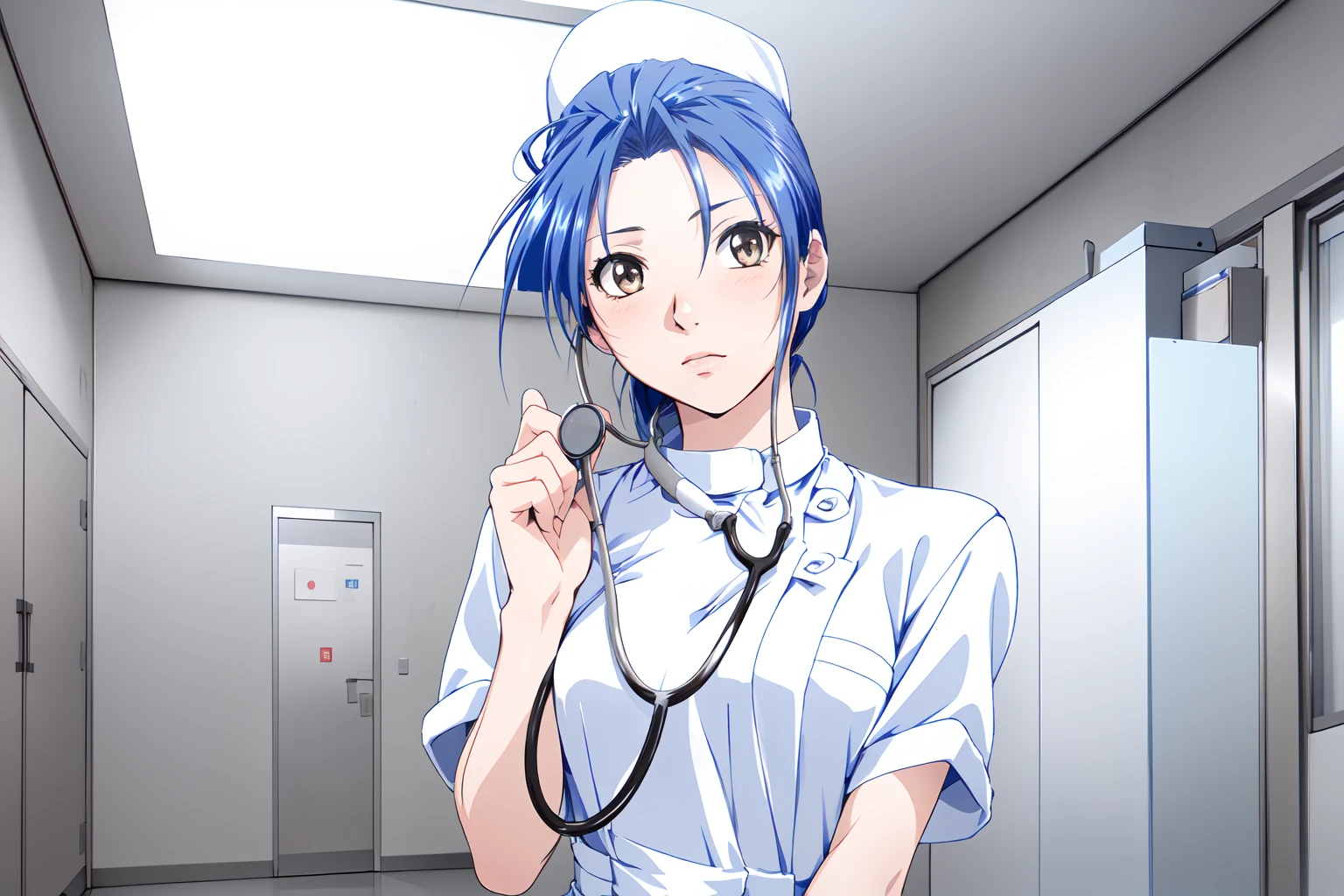 (RAW photo, best quality), 1girl,  natural lighting, hospital, solo,
 <lora:concept_stethoscope_listen_v2_1:0.8>, 
stethoscope_listen,
nurse
 <lora:innai_kansen_sugimura_hiroko_v2_2:1> sugimura hiroko,
 <lora:NurseUniform0_0:0.7> nurse uniform, nurse cap