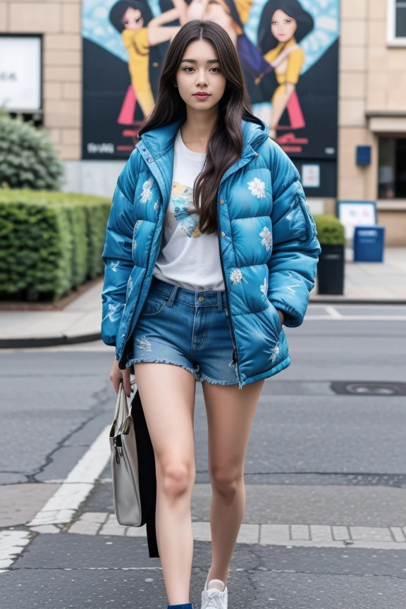 1woman, long hair, realistic, masterpiece, high detailed skin, looking at viewer, outdoor view, solo, full body shot
<lora:Floral_Jacket_Shorts_By_Stable_Yogi:0.7> blue floral print, oversized puffer jacket, denim shorts