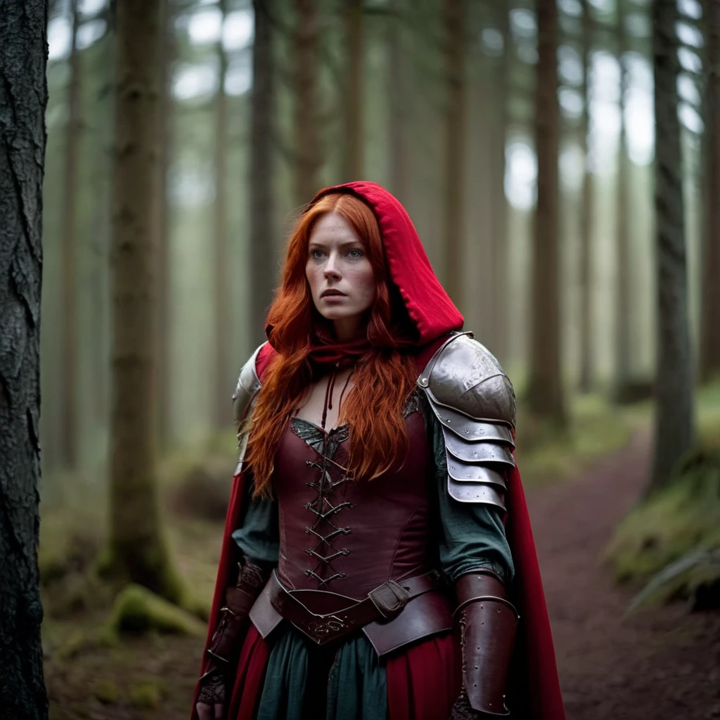 cinematic film still of <lora:Little Red Riding Hood style:1>
In The Woods a red hair woman with red hair and red armor on with face full of scars Full Shot Little Red Riding Hood Style, shallow depth of field, vignette, highly detailed, high budget, bokeh, cinemascope, moody, epic, gorgeous, film grain, grainy