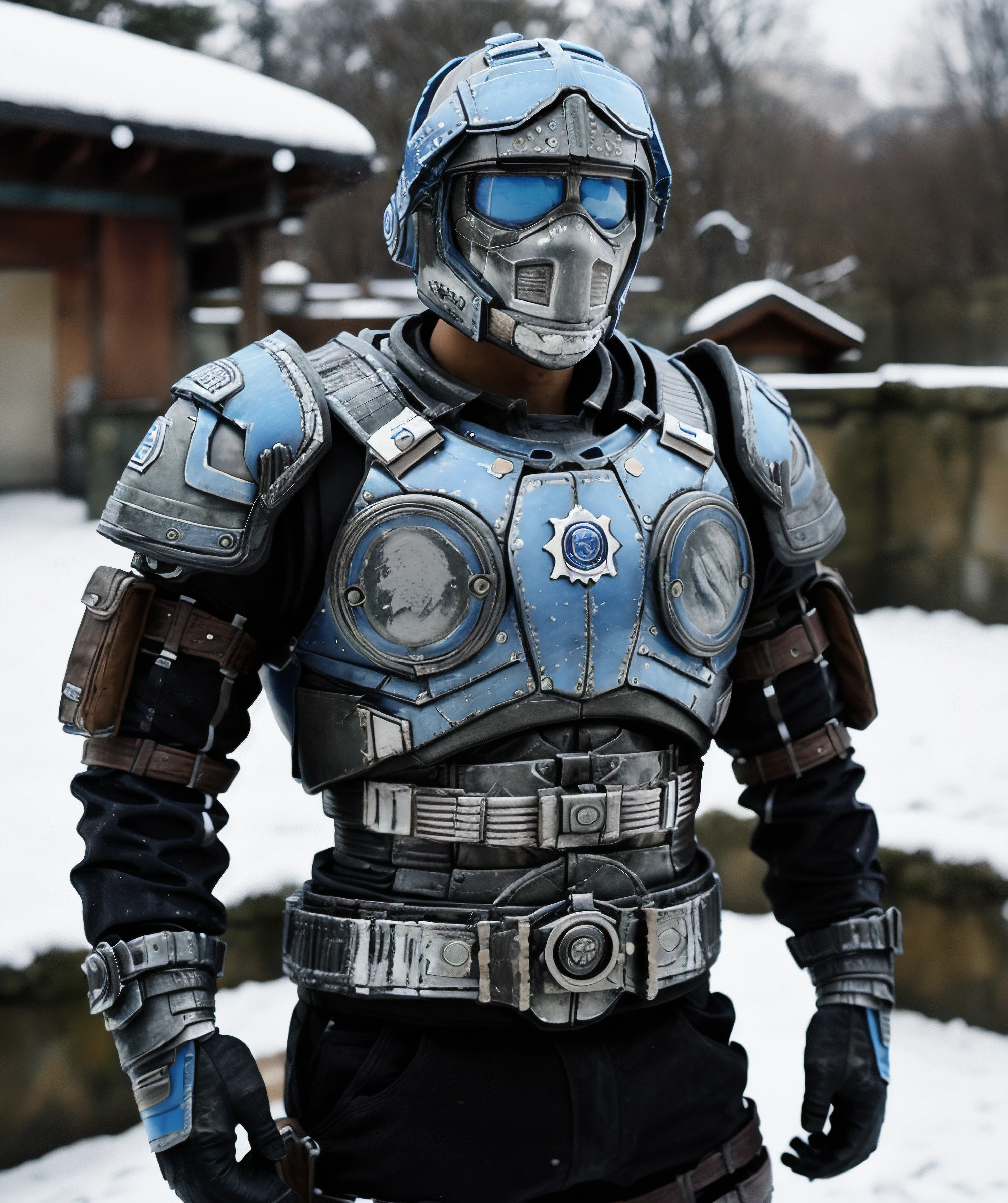 ben_carmine <lora:Ben_Carmine:0.85> standing, winter, snow, spring water, onsen, helmet, arms on back, looking at background