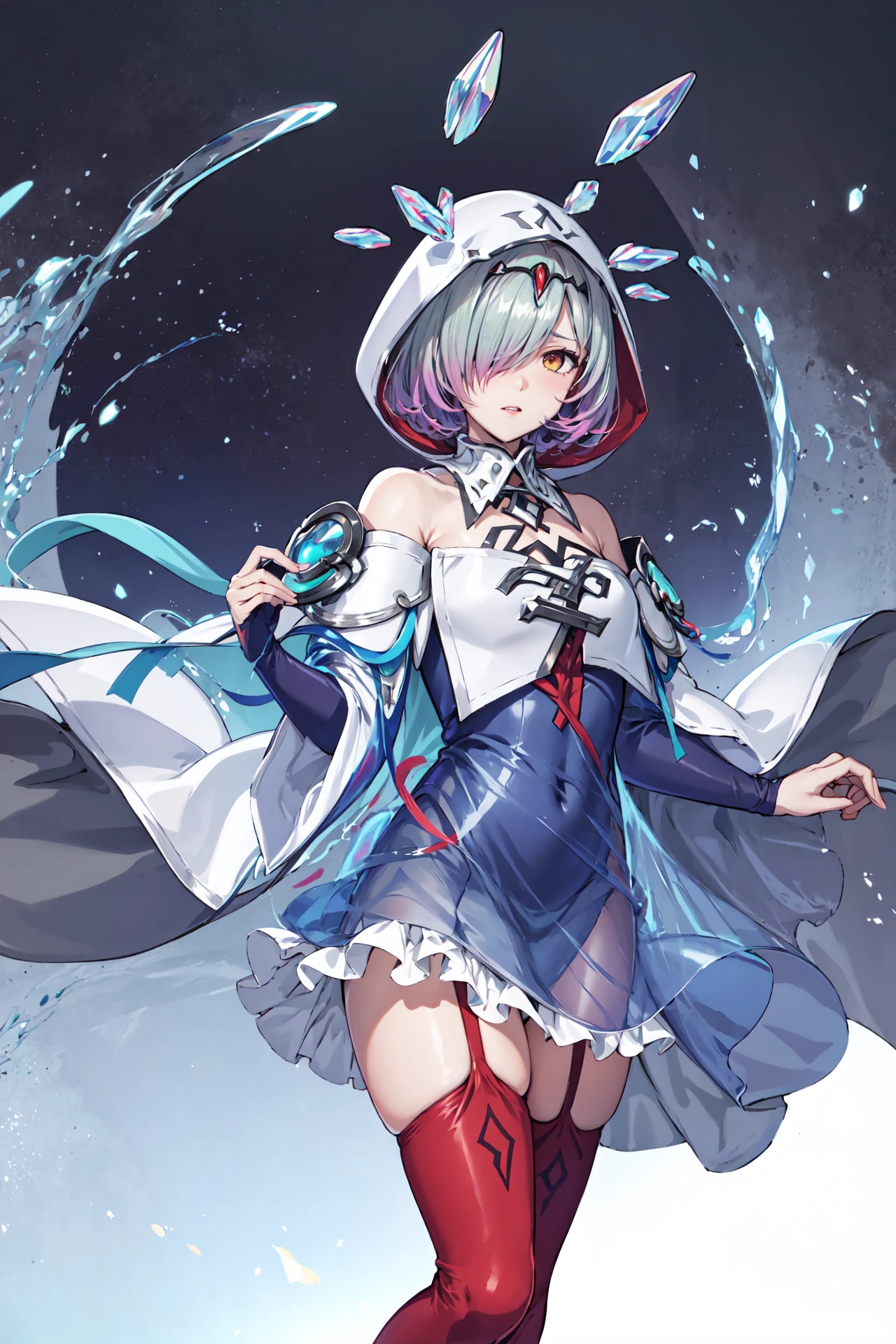 legs up,ceiling,scared,<lora:kvasirV1:0.8>,def_kvasir,  hair over one eye,red thighhighs,white frilled skirt, blue dress,  red thigh boots, bare shoulders,dress, floating object, hood, garter straps,  wide sleeves,cloak, bridal gauntlets, gradient clothes, long sleeves, detached sleeves, short dress, gem, gloves,detached collar, thighs, multicolored clothes, zettai ryouiki, cape, see-through, outdoors,(masterpiece, best quality, ultra-detailed, best shadow)