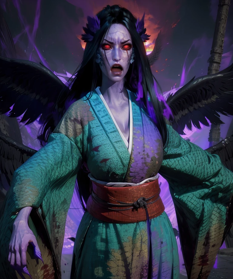 ubume,red eyes,black hair,bangs,head feathers,
green kimono,dirty,angry,black wings,open mouth,wide sleeves,
standing,cowboy shot,cleavage,claws,
purple aura,dark aura,
edo japan,underworld,red sky,
(insanely detailed, beautiful detailed face,beautiful detailed eyes, masterpiece, best quality),<lora:ubume:0.8>,<lora:DBKiCharge:0.6>,