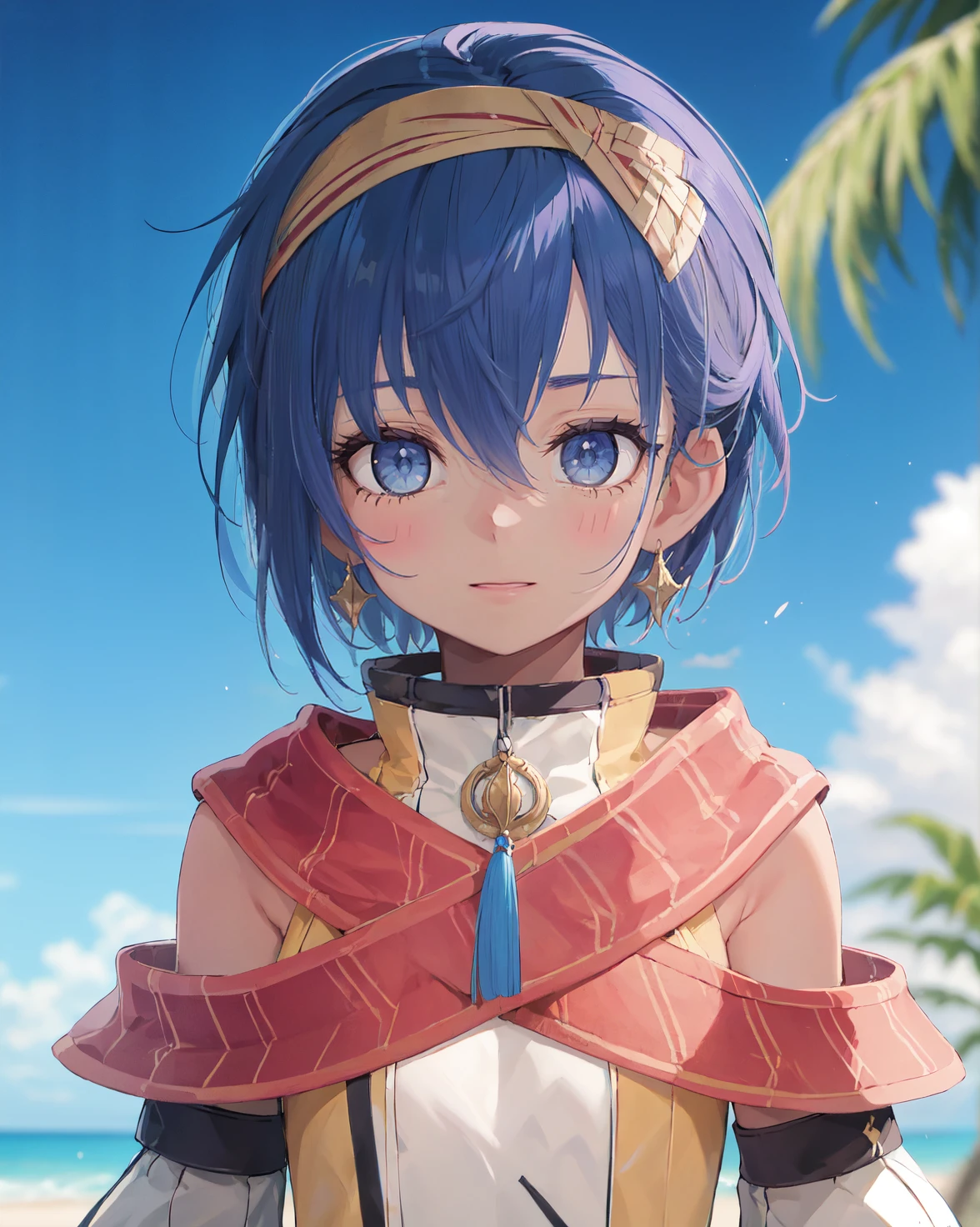 best quality, (masterpiece:1.2), illustration, absurdres, <lora:flat2:0.5>, <lora:hairdetailer:0.5>, <lora:boldline:-1.4>, <lora:clearcolor_v1.7_lbw:0.5>,
(1girl, solo, beautiful detailed girl), (upper body, portrait),
<lora:FeriV2-000013:1>, Feri Al-Fayed, blue eyes, blue hair, short hair, (dark-skinned female:0.9), small breasts,
headband, single earring,
pendant, yellow dress, red sash, red scarf, detached sleeves, bracelet, asymmetrical legwear, sandals,
looking at viewer, happy,
on a tropical island, palm trees, sand, beach,
