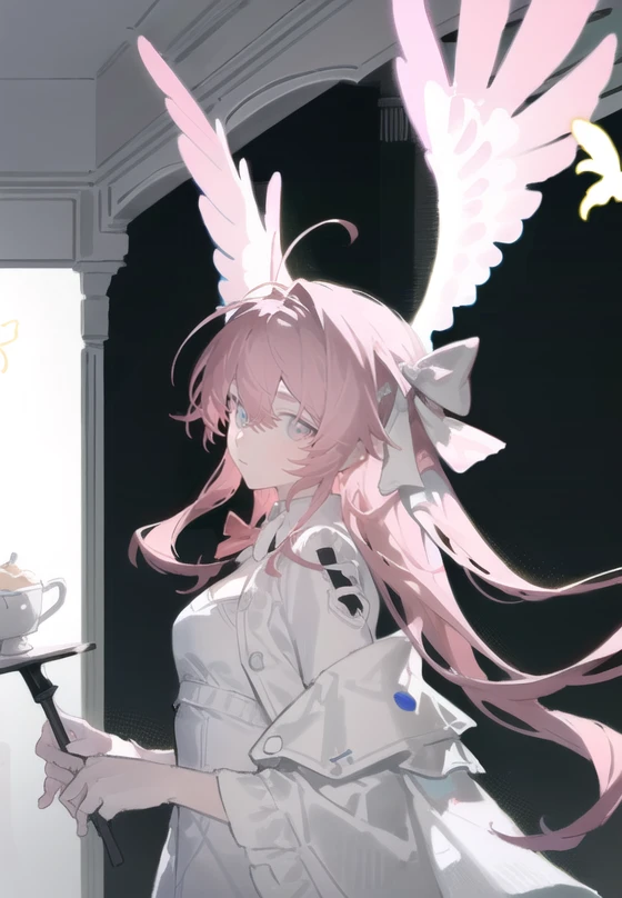 8kï¼ultra-detailed, illustration, (beautiful detailed eyes), beautiful, amazing,detailed eyes, (((masterpiece))),1boy,sidelocks,business_suit,  <lora:NF:1>,full body, white background, white wings, long hair, pink hair, angel wings, very long hair, feathered wings, dress, ribbon, bow, looking at viewer, white dress, white ribbon, bangs, mini wings, angel, white bow, halo, hair ribbon