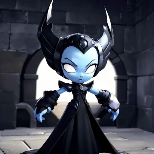 masterpiece, Highest Quality, Highest Resolution, perfect background, perfect perspective, sharp image, perfect details, perfect lighting, perfect shadows, Perfect lighting, Best background,
perfect anime, 1girl, hex, blue skin, colored skin, white eyes, no pupils, black dress, forehead jewel, helmet, in graveyeard at night,