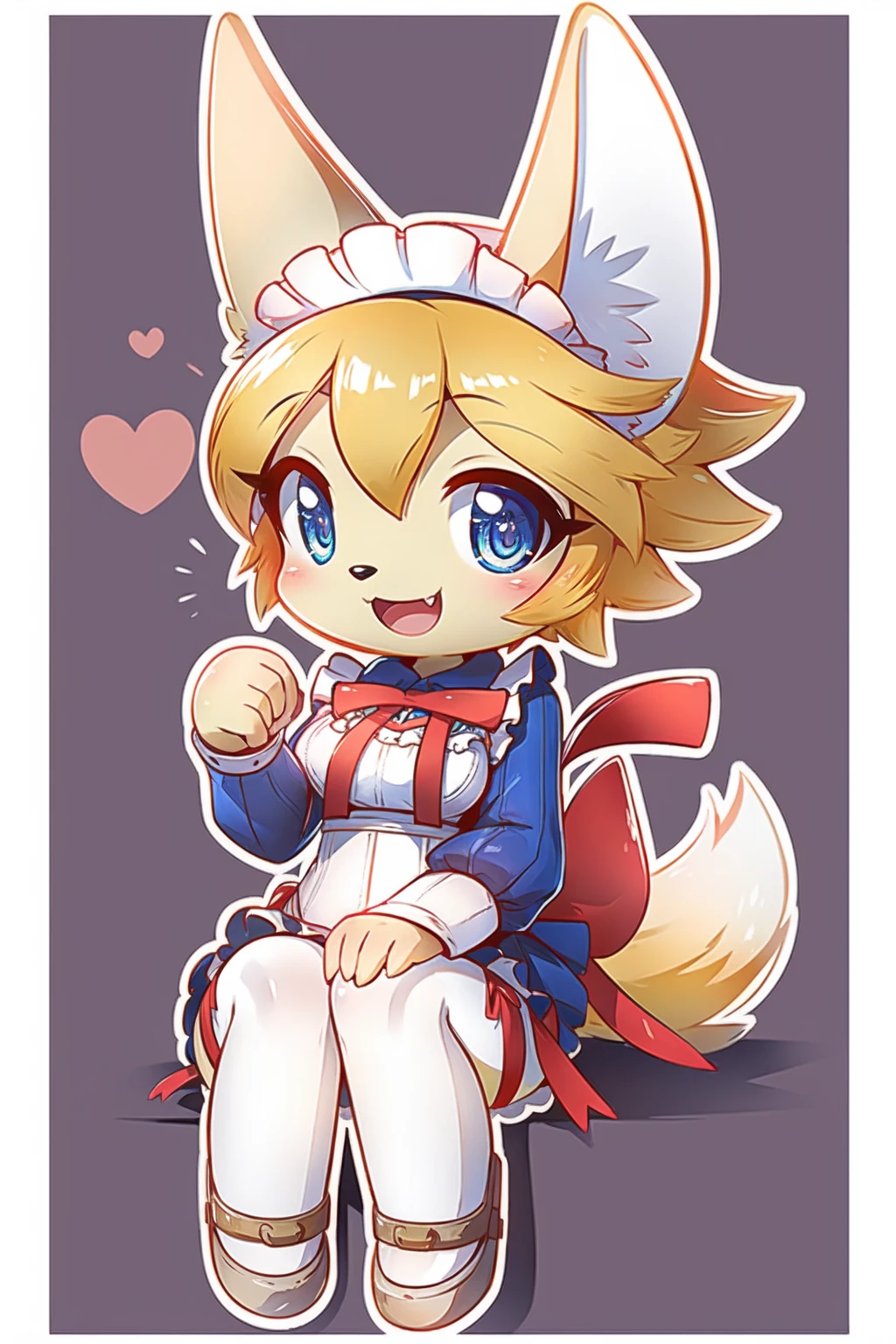 floSR, 1girl, solo, furry female, by rilex lenov, yellow fur, (chibi, detailed eyes:1.2), (thick outline:1.5), looking at viewer, shiny, dog girl, furry female, smile, open mouth, (fangs:1.1), :d, :3, (sitting:1.3), blue eyes, animal ears, full body, medium breasts, animal nose, tail, blonde hair, short hair, maid, maid headdress, maid apron, thighhighs, sandals, leg ribbon, frills, red bow, ribbon, puffy sleeves, simple background, white background, heart, white border, 8k, hdr <lora:floSR:1>