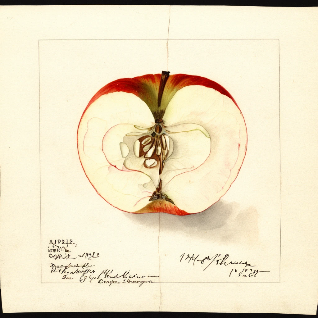 illustrative drawing of a ANATOMY OF A Apple, half, pomological watercolor <lora:PomologicalConfig4DebWITHTE4RP:1>