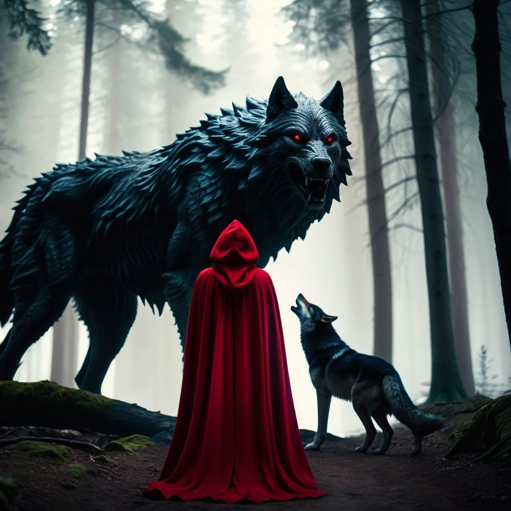 cinematic film still of <lora:Little Red Riding Hood style:1>
a woman in a red cape is standing in front of a giant wolf demon creature in the woods Full Shot Little Red Riding Hood Style, shallow depth of field, vignette, highly detailed, high budget, bokeh, cinemascope, moody, epic, gorgeous, film grain, grainy