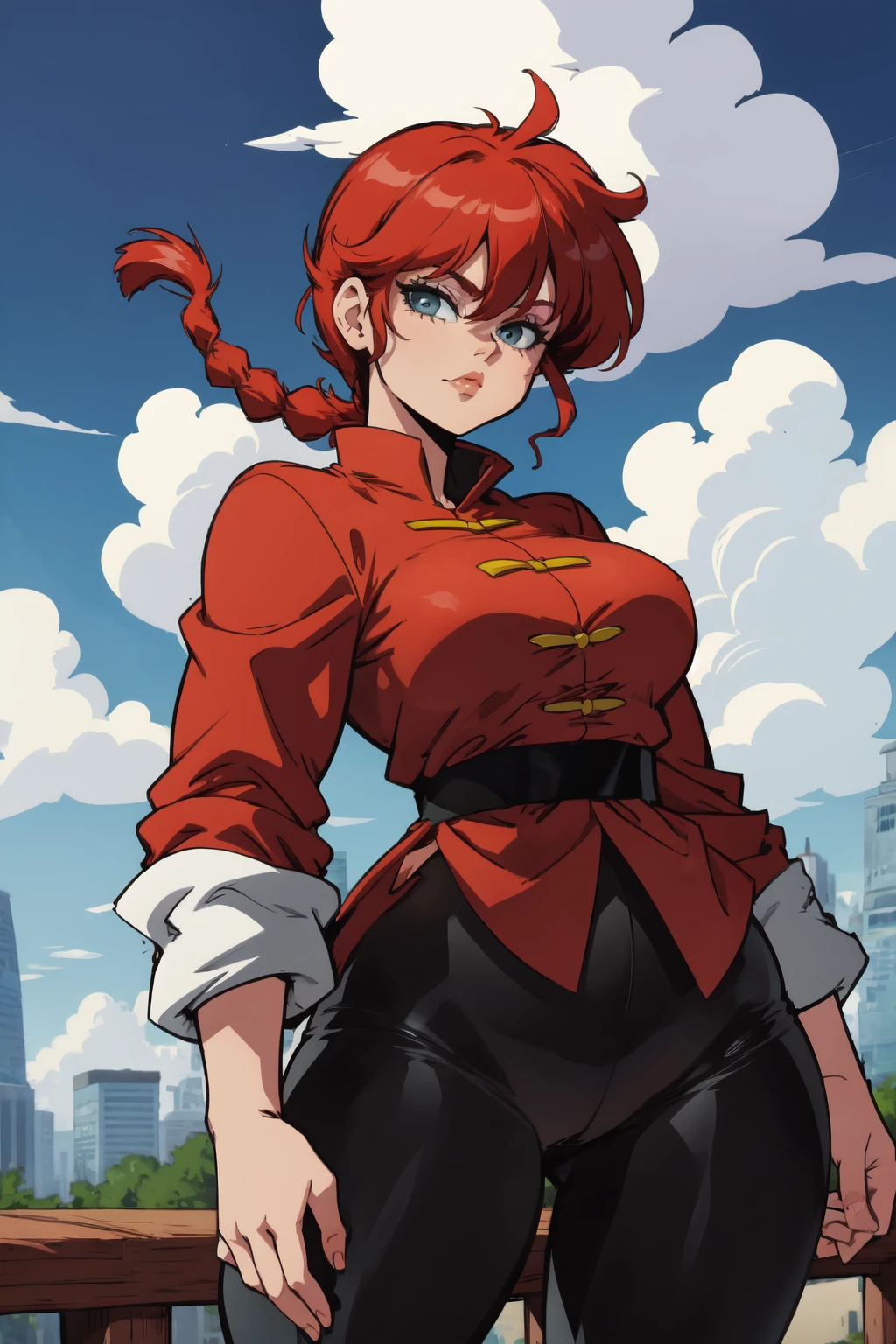1girl, (solo:1.2), (cowboy shot:1.2), (looking at viewer:1.3),
<lora:Ranma - Ranma-chan [justTNP - v1.0]:1> femaleranma, braided ponytail, (chinese clothes:1.2), tangzhuang, black pants, (red chinese style jacket:1.3), curvy, large breasts, young female, (energetic:1.2)
BREAK <lora:Lewdamone [MockAi - v1.0]:0.85> lewdamone, (simple shading), vibrant colors, (thick lineart)
BREAK intricate details, (masterpiece:1.3), (best quality:1.3), (perfect anatomy:1.4) BREAK, (beautiful white clouds:1.3), puffy clouds, white sky