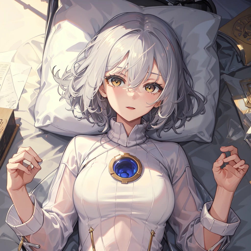 masterpiece, best quality,1girl,solo,EOS, on back,sweater,